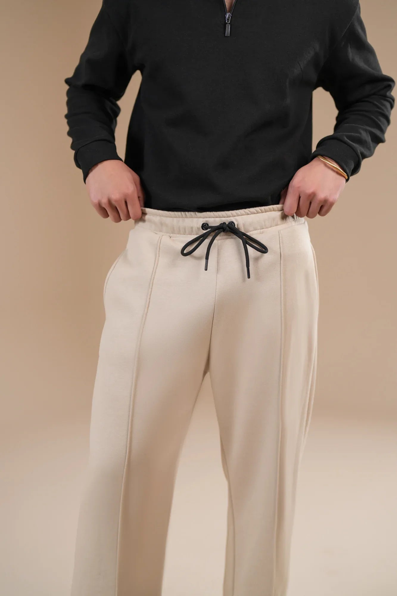 Beige Fleece Straight Fit Trouser with Drawstring - Men - Muraqsh -- Men Western
