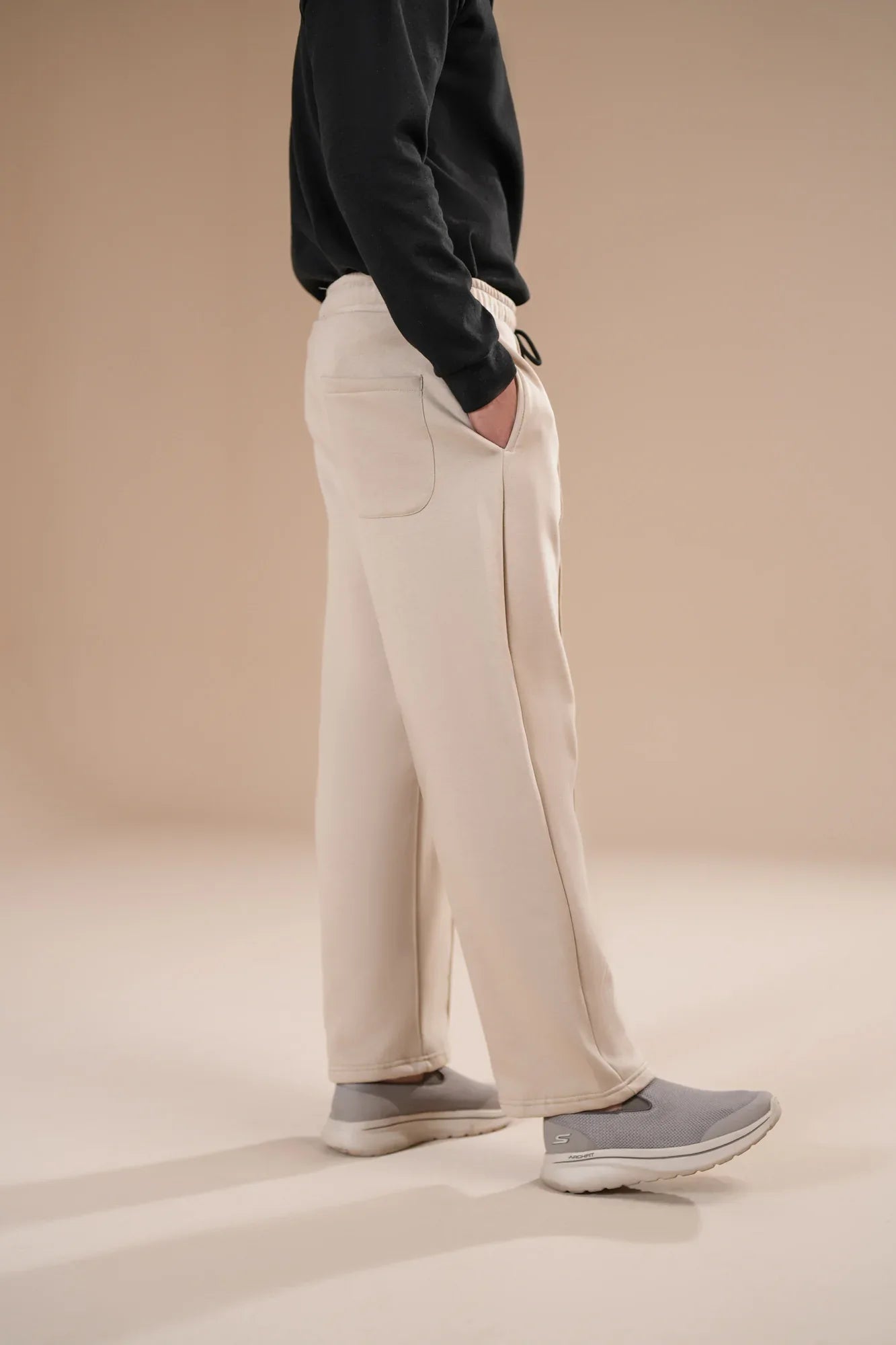 Beige Fleece Straight Fit Trouser with Drawstring - Men - Muraqsh -- Men Western
