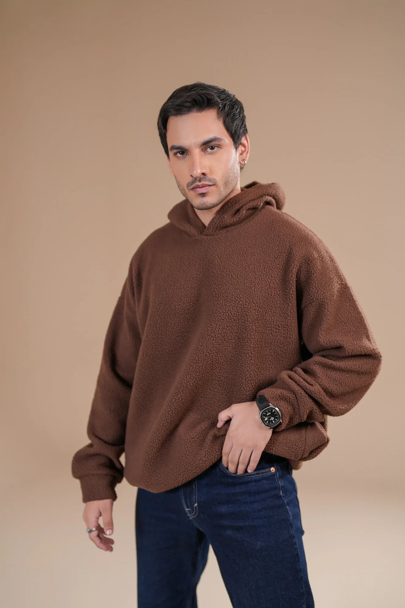 Brown Sherpa Hoodie - Relaxed Fit - Men - Muraqsh -- Men Western