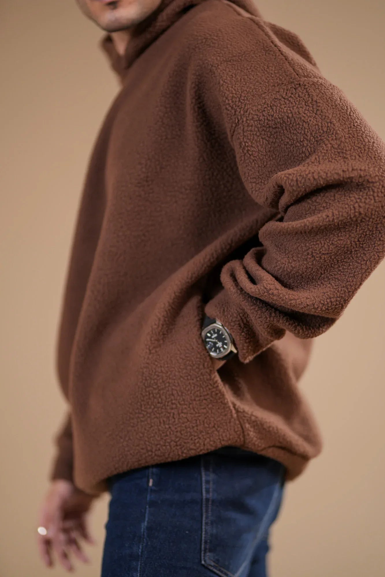 Brown Sherpa Hoodie - Relaxed Fit - Men - Muraqsh -- Men Western