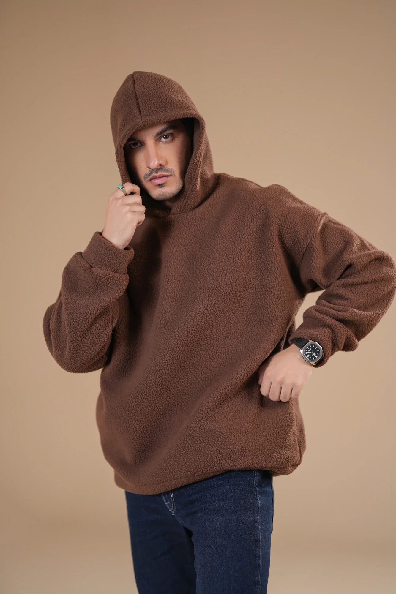 Brown Sherpa Hoodie - Relaxed Fit - Men - Muraqsh -- Men Western
