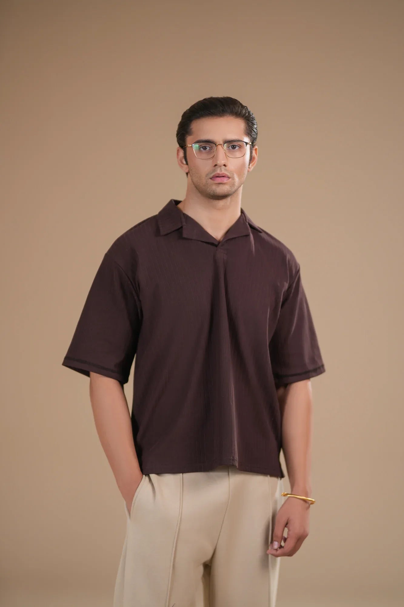 Brown Ribbed Boxy Revere Polo - Men - Muraqsh -- Men Western