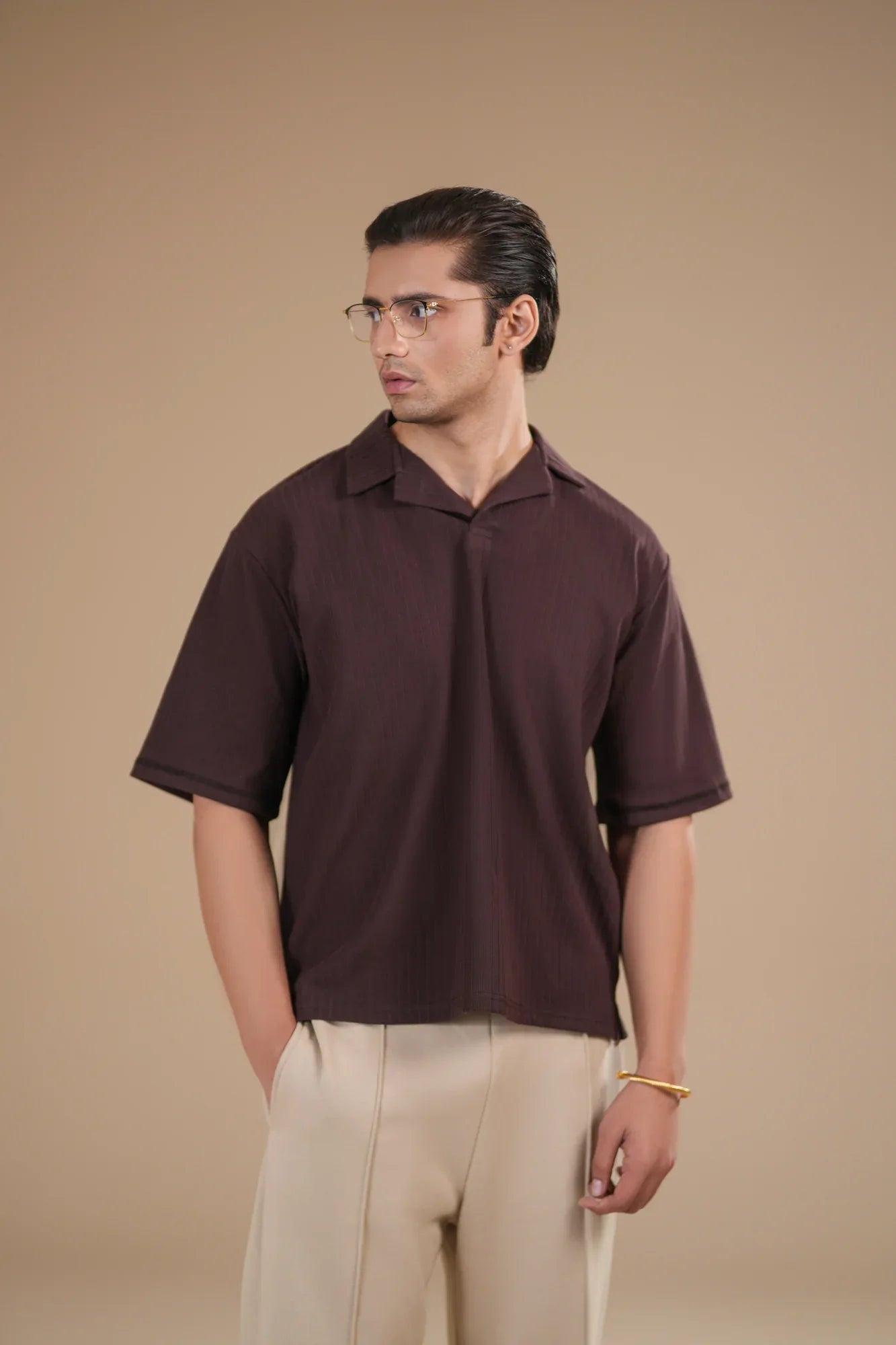 Brown Ribbed Boxy Revere Polo - Men - Muraqsh -- Men Western