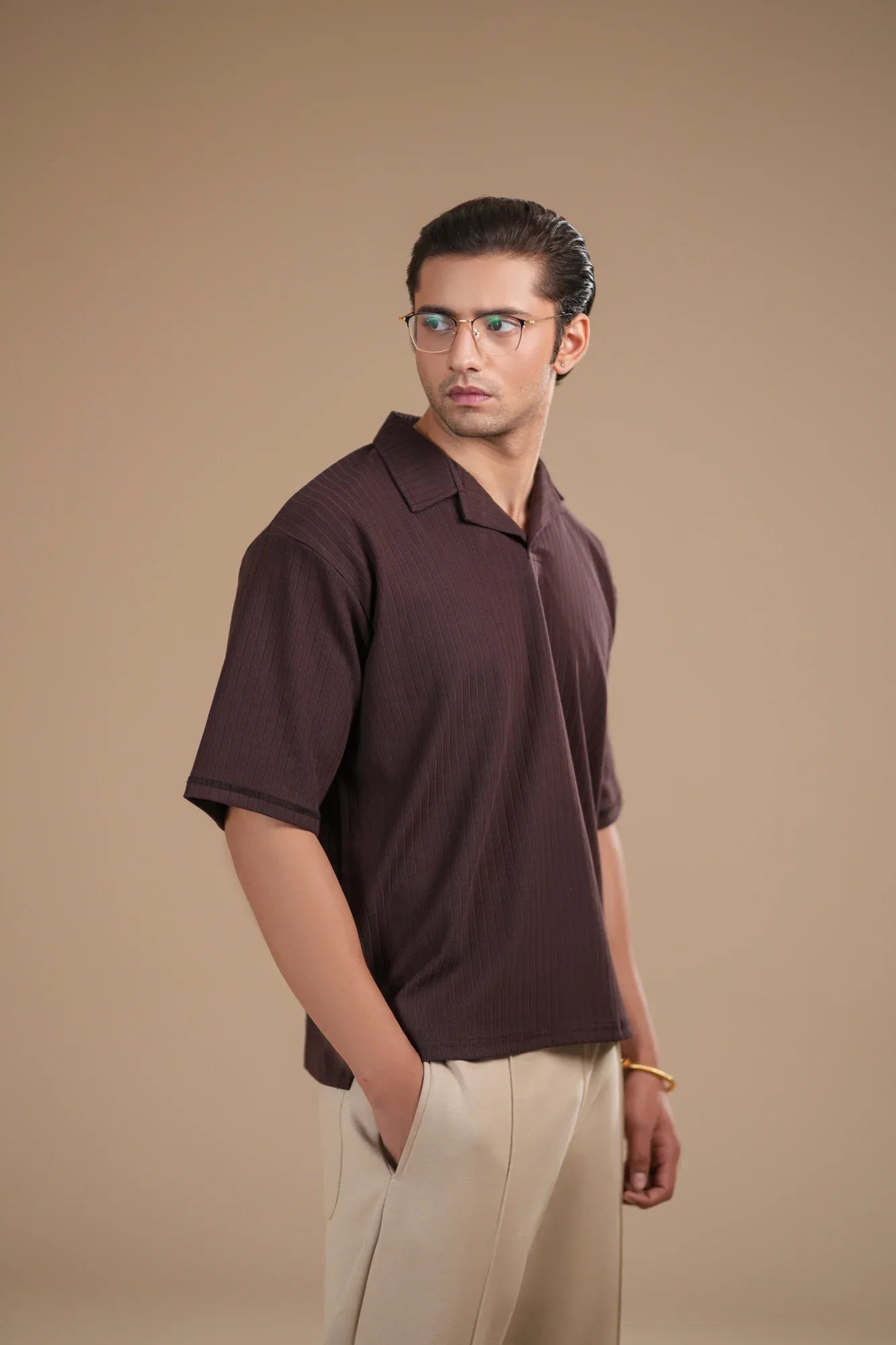 Brown Ribbed Boxy Revere Polo - Men - Muraqsh -- Men Western