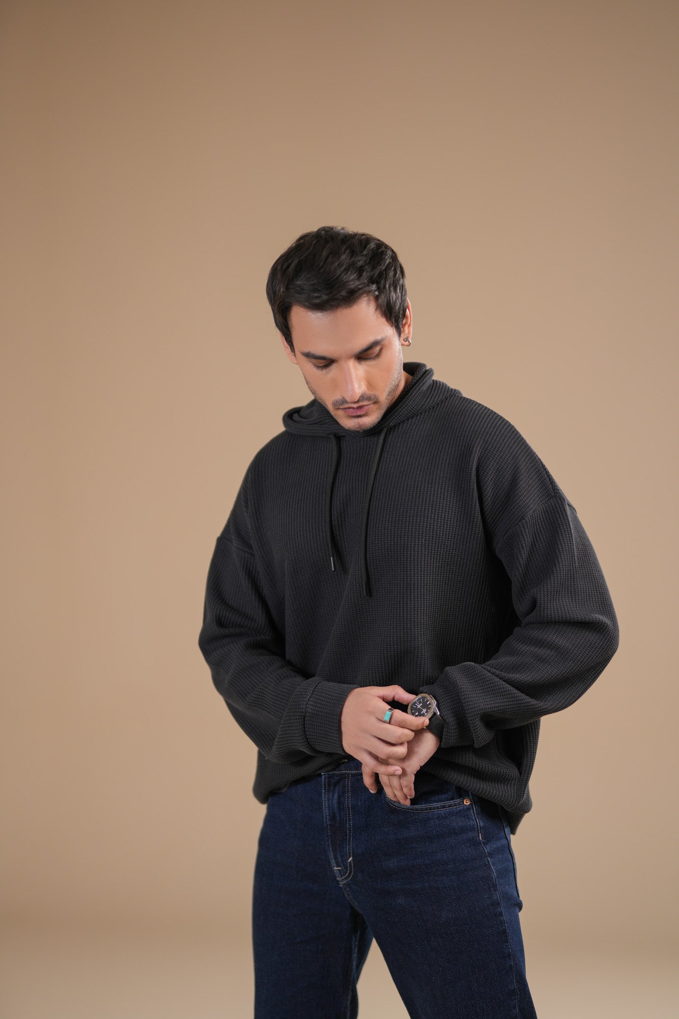 Black Waffle Pullover Hoodie - Relaxed Fit - Men