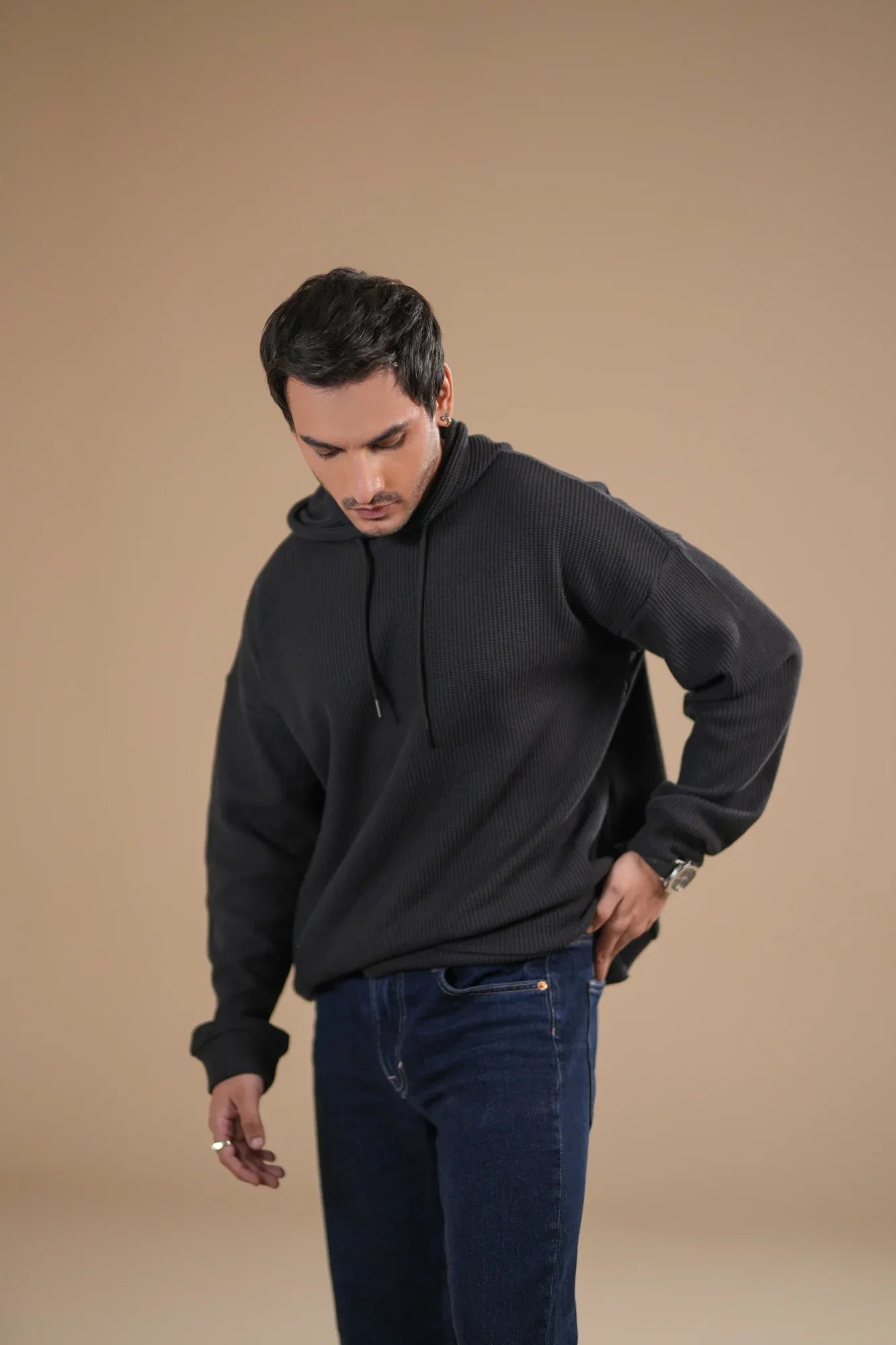 Black Waffle Pullover Hoodie - Relaxed Fit - Men - Muraqsh -- Men Western