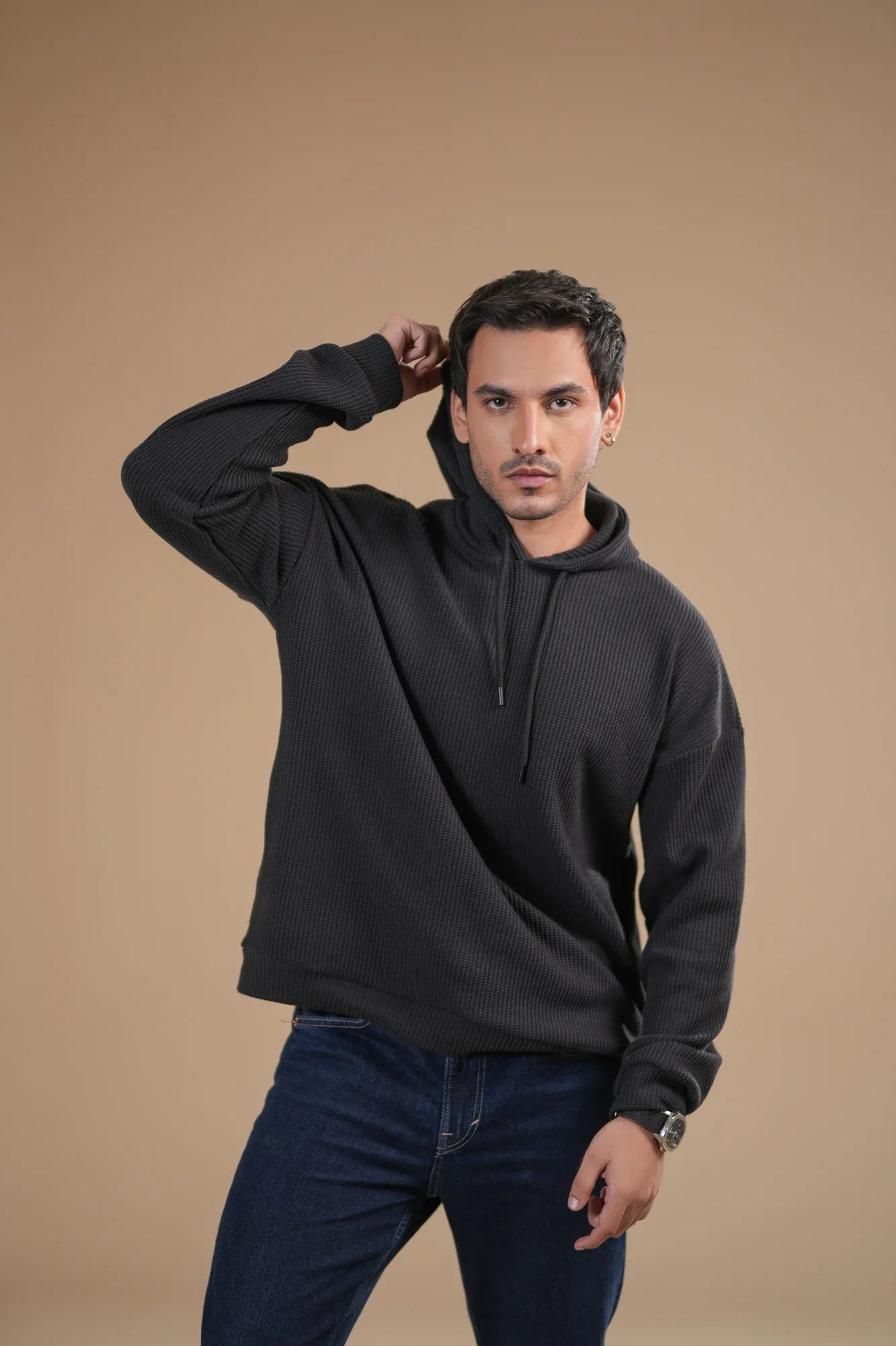 Black Waffle Pullover Hoodie - Relaxed Fit - Men - Muraqsh -- Men Western