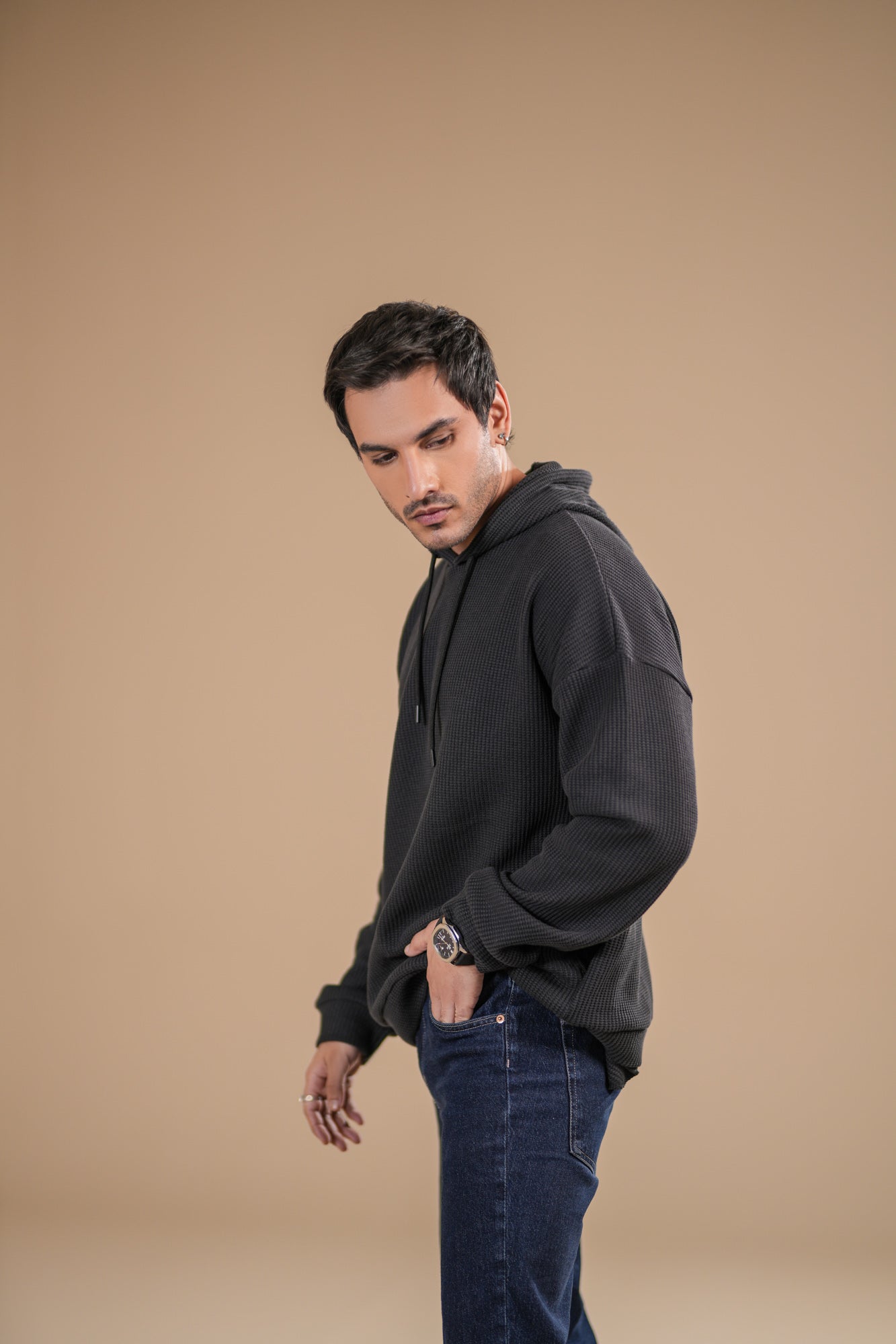 Black Waffle Pullover Hoodie - Relaxed Fit - Men