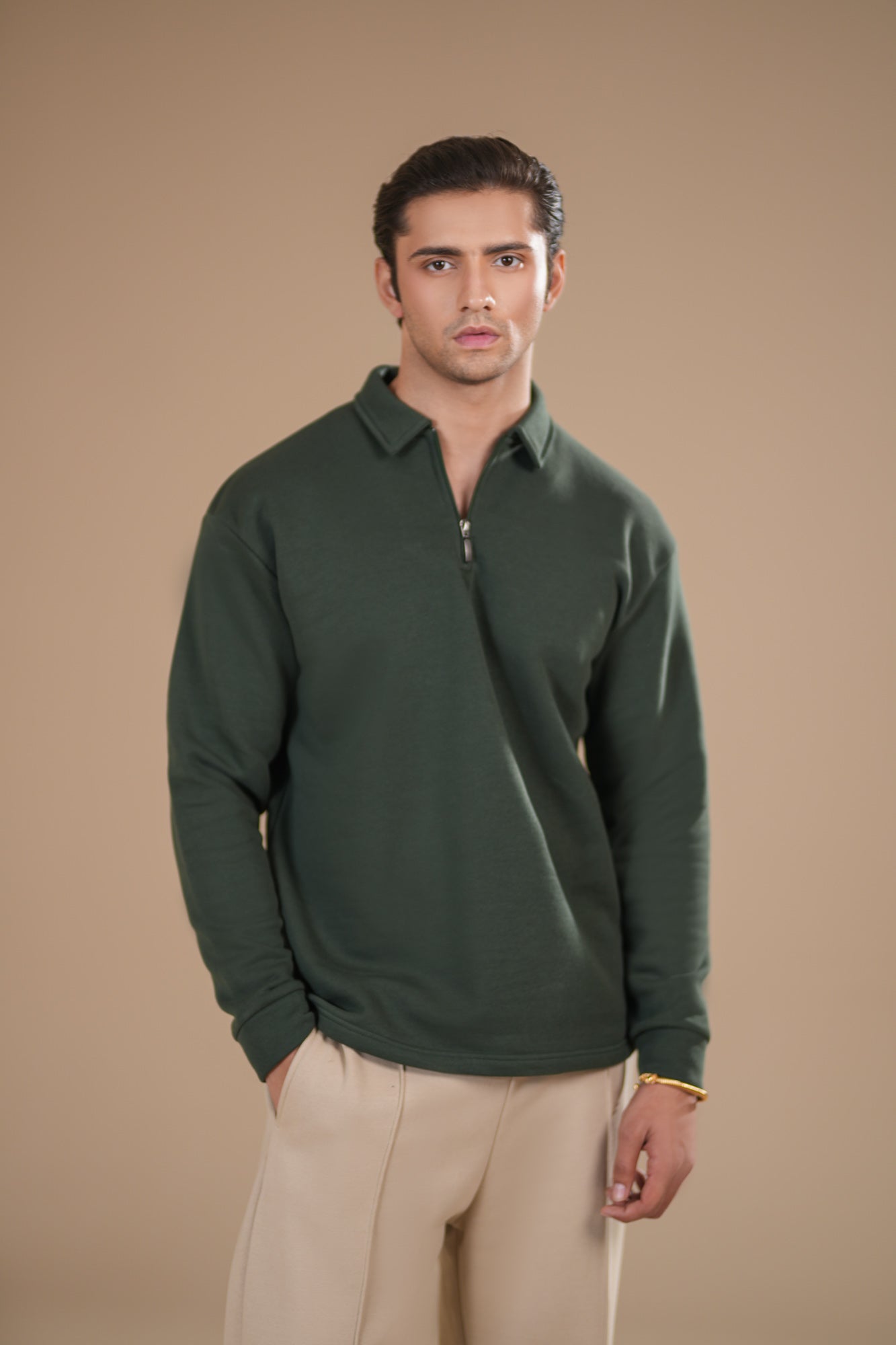 Deep Green Fleece Zipper Polo - Full Sleeves - Men