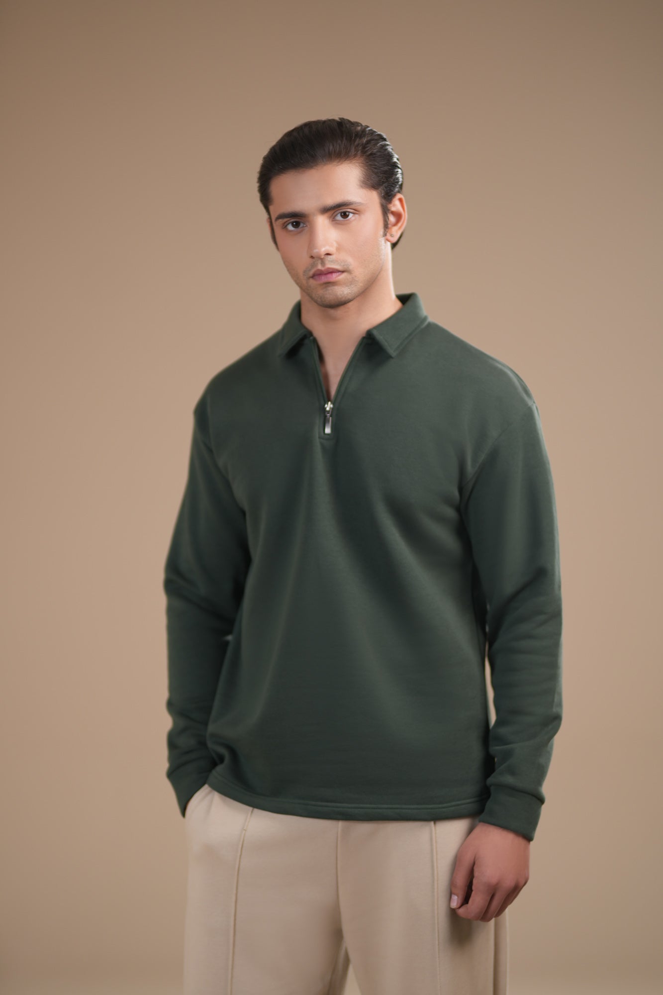Deep Green Fleece Zipper Polo - Full Sleeves - Men