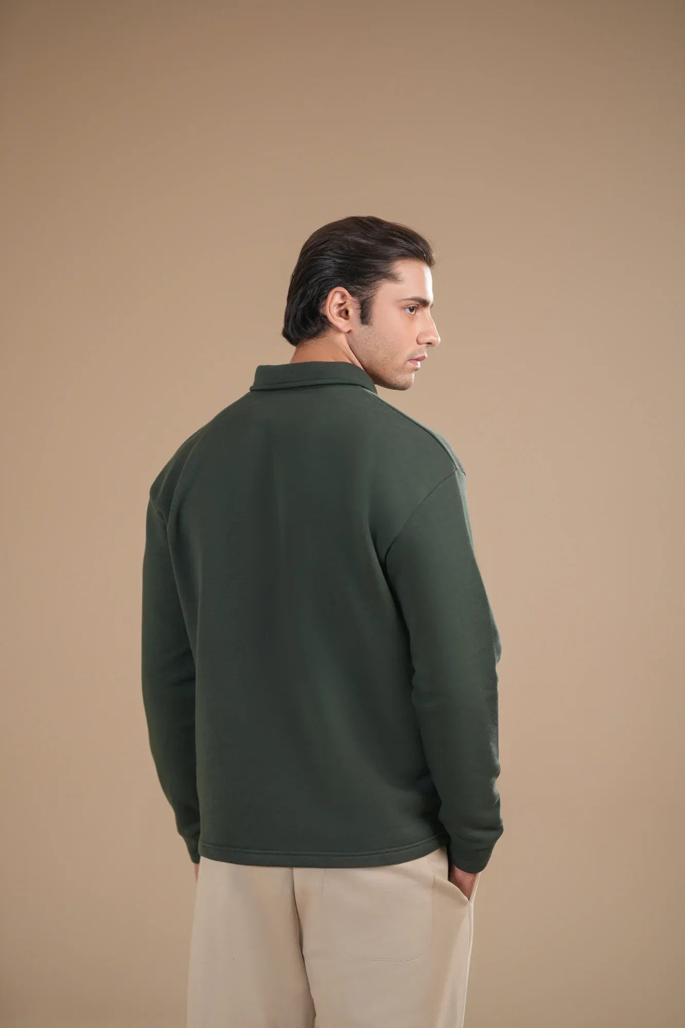Deep Green Fleece Zipper Polo - Full Sleeves - Men - Muraqsh -- Men Western