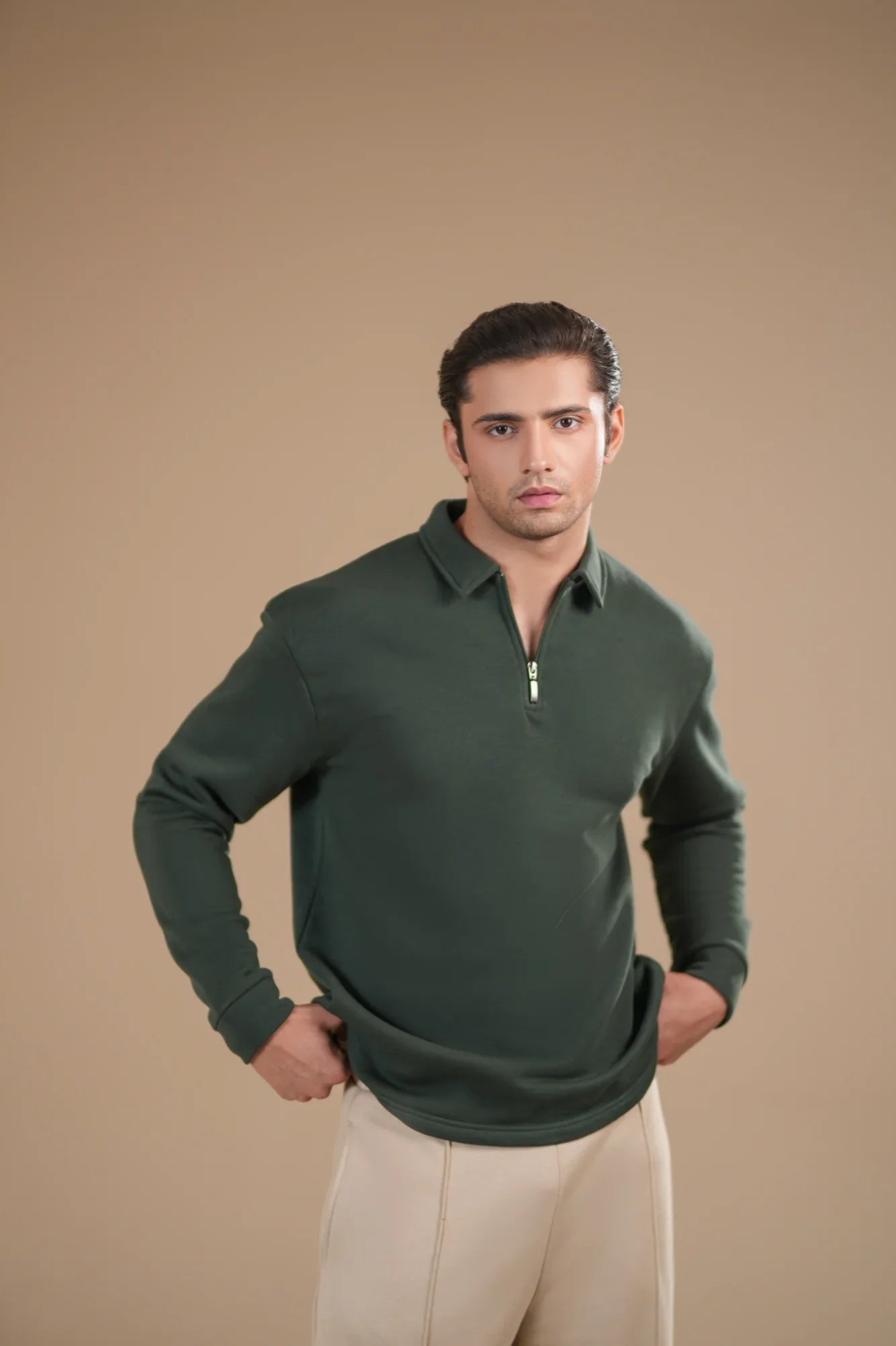 Deep Green Fleece Zipper Polo - Full Sleeves - Men - Muraqsh -- Men Western