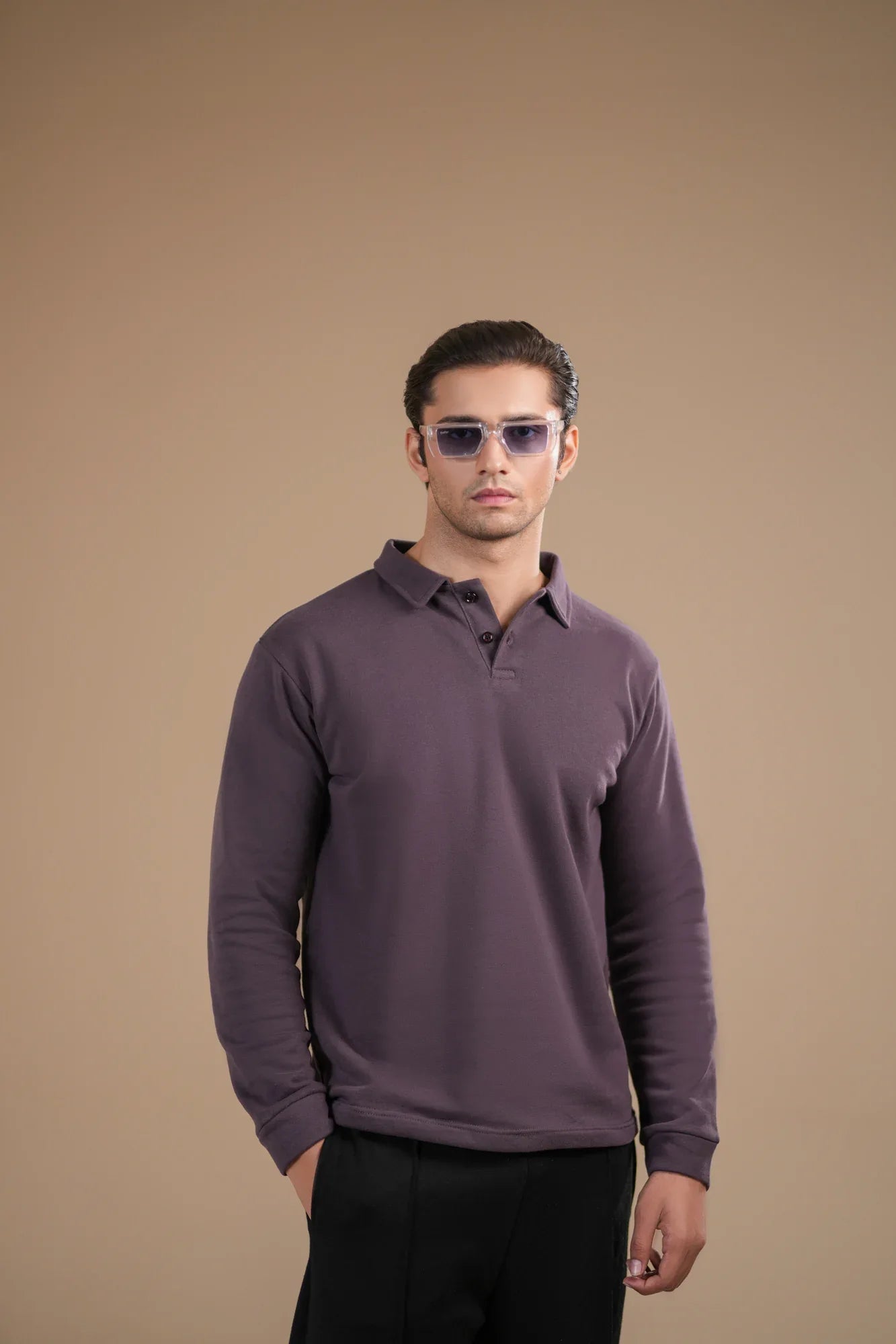 Deep Purple Fleece Polo - Full Sleeves - Men - Muraqsh -- Men Western