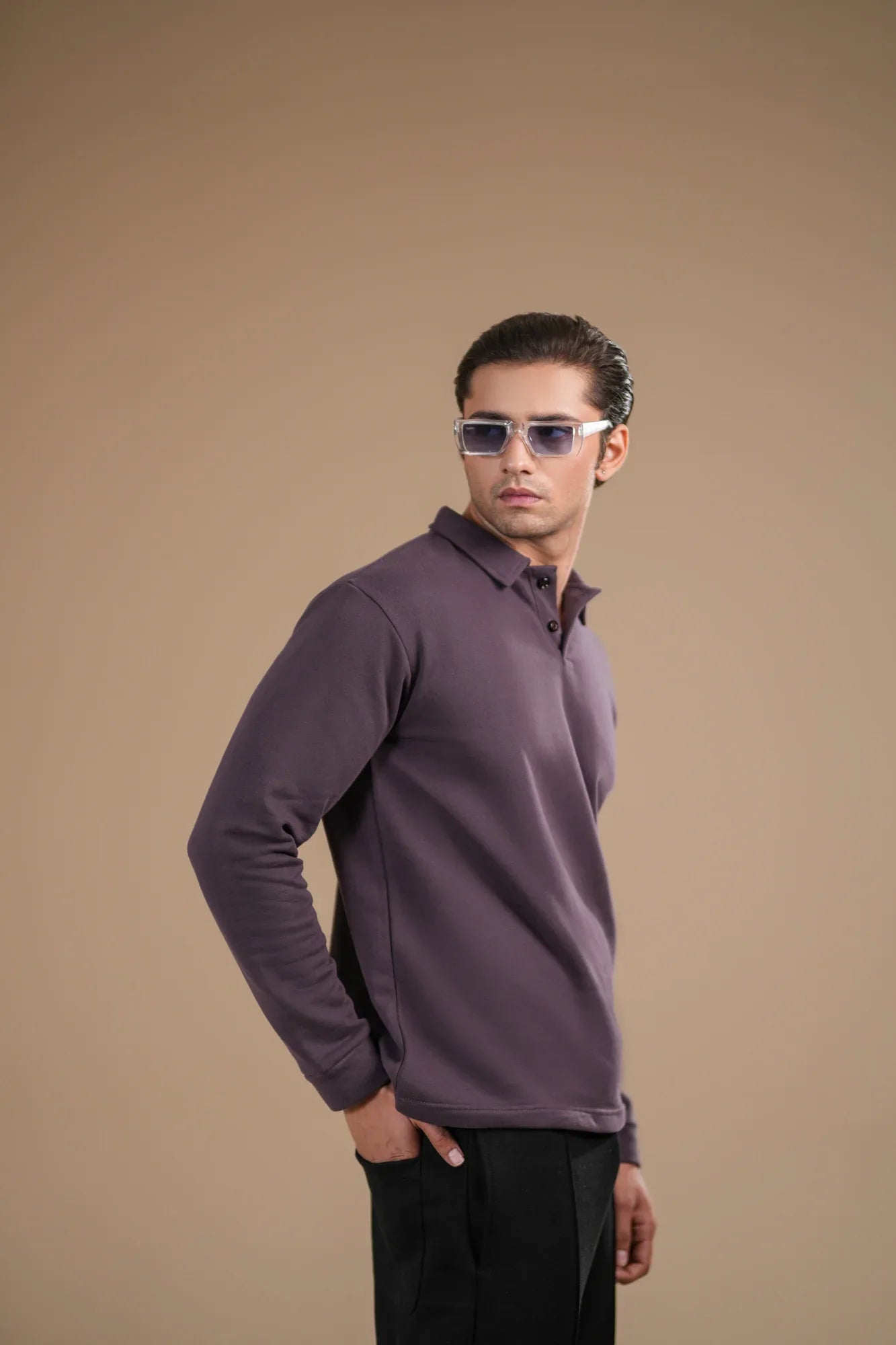 Deep Purple Fleece Polo - Full Sleeves - Men - Muraqsh -- Men Western