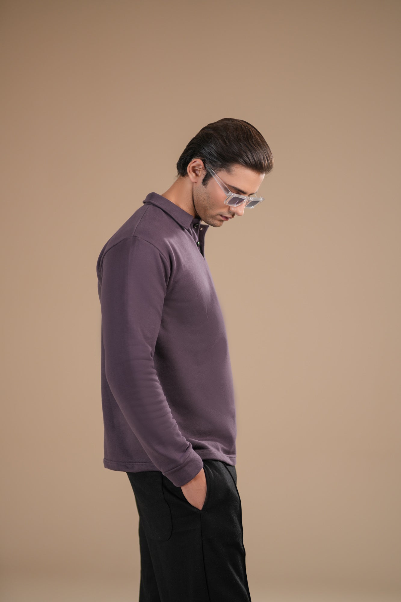 Deep Purple Fleece Polo - Full Sleeves - Men