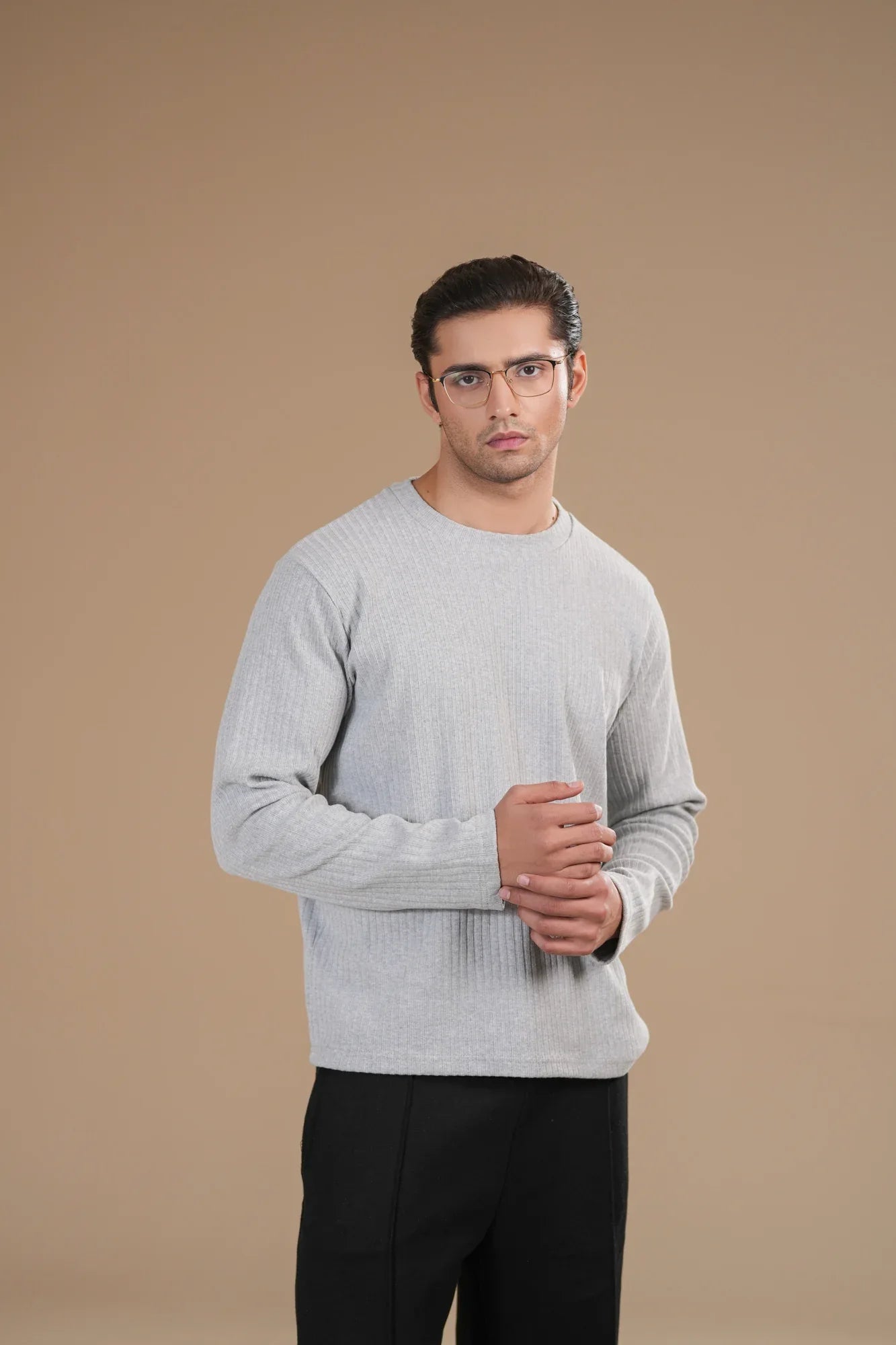Grey Ribbed Sweat Shirt - Relaxed Fit - Men - Muraqsh -- Men Western