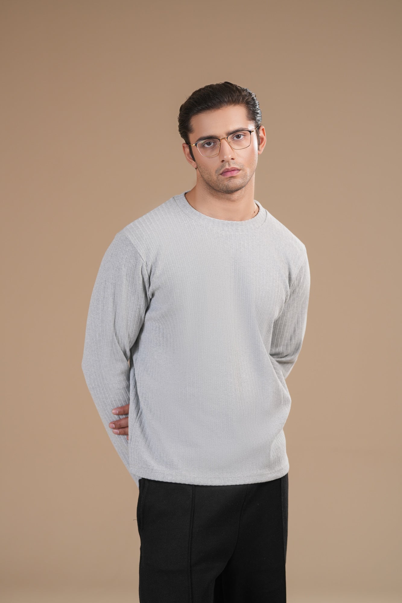 Grey Ribbed Sweat Shirt - Relaxed Fit - Men
