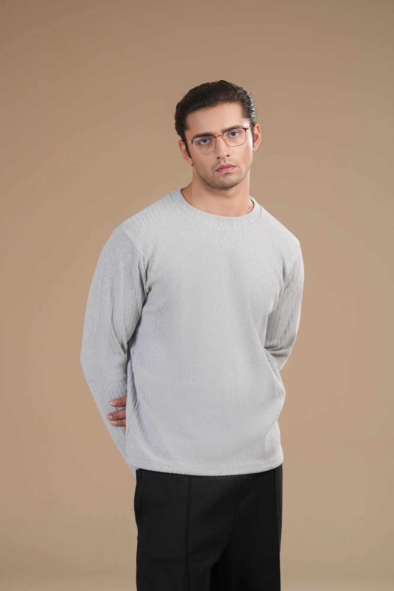 Grey Ribbed Sweat Shirt - Relaxed Fit - Men - Muraqsh -- Men Western