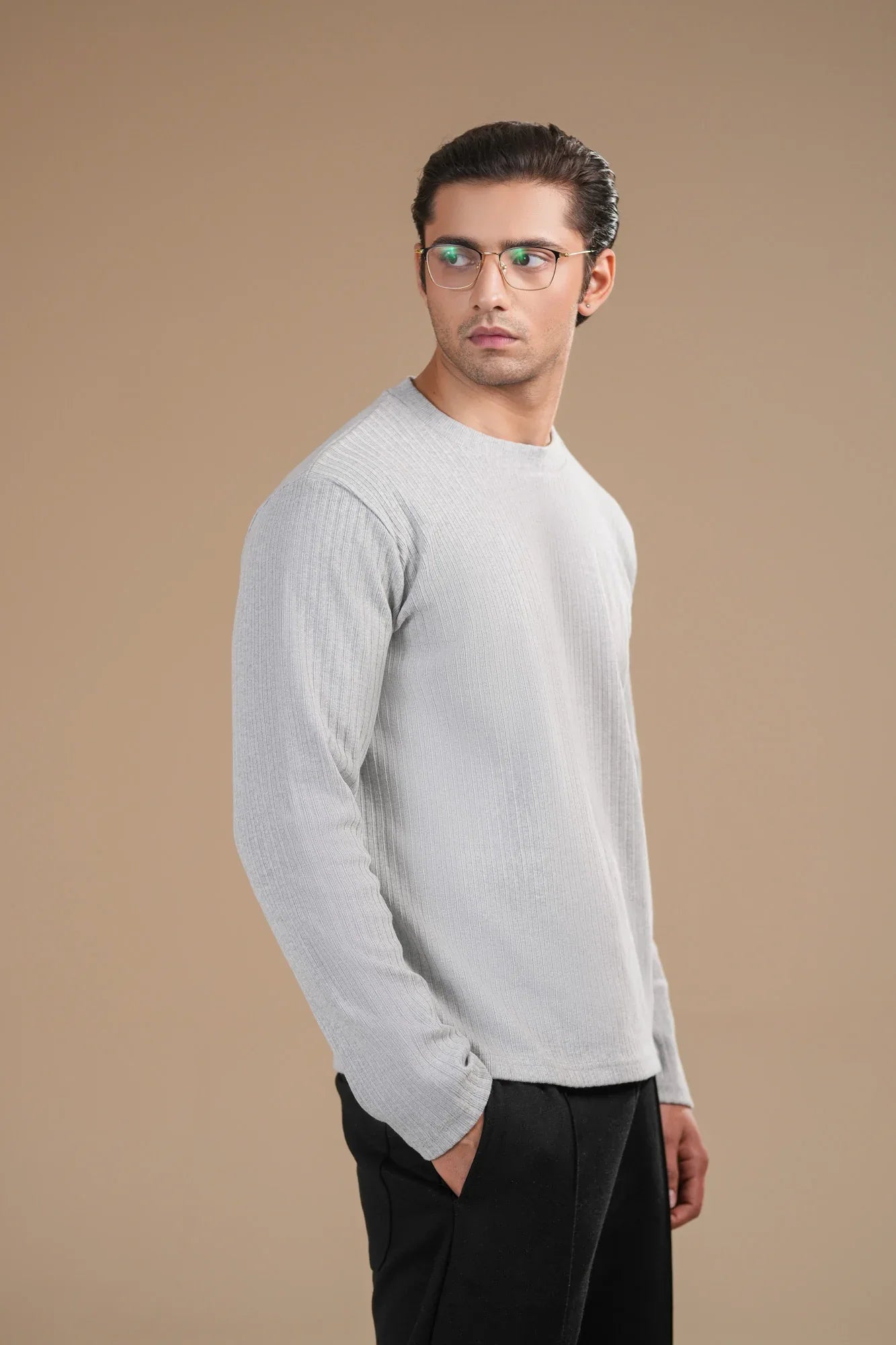 Grey Ribbed Sweat Shirt - Relaxed Fit - Men - Muraqsh -- Men Western
