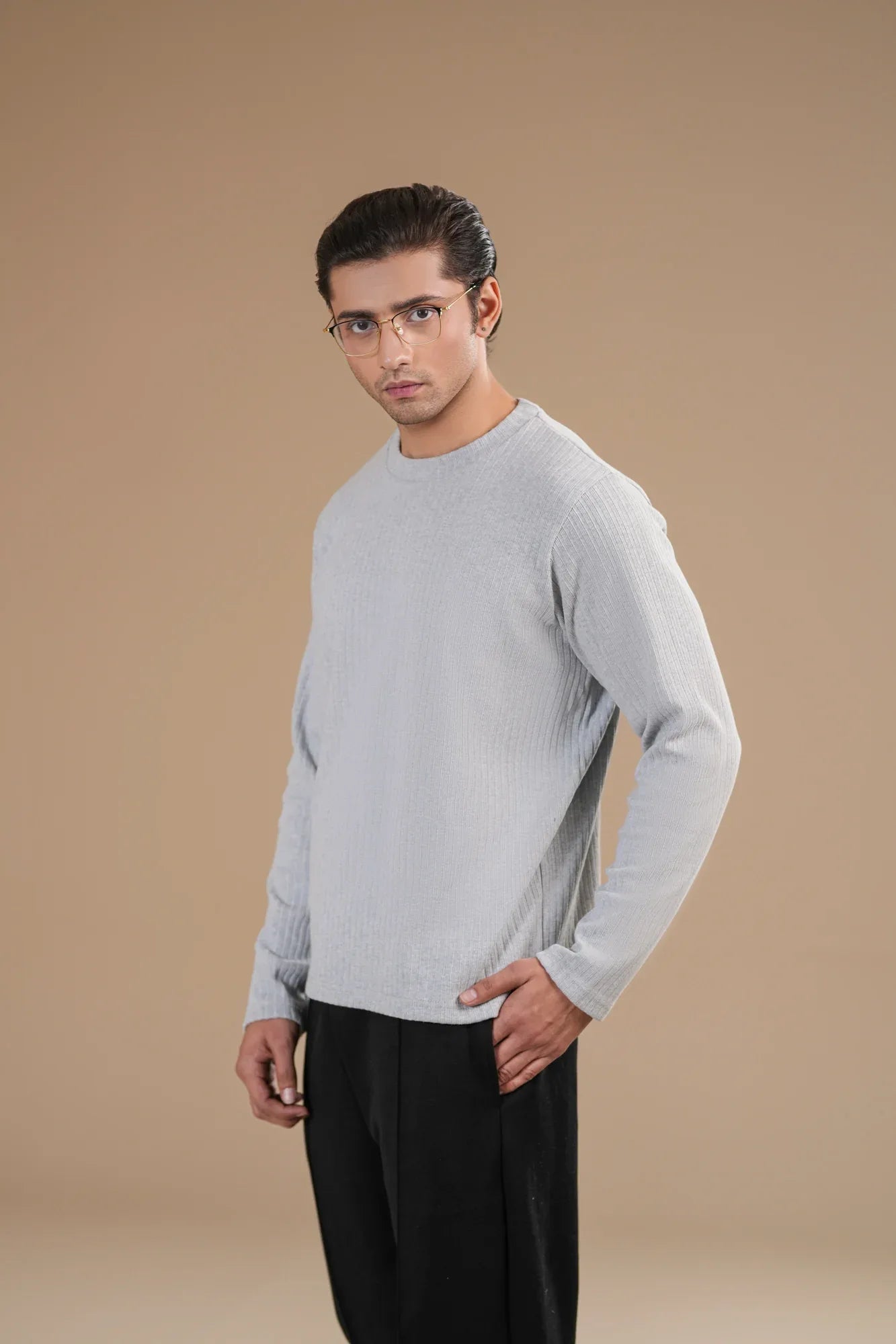 Grey Ribbed Sweat Shirt - Relaxed Fit - Men - Muraqsh -- Men Western