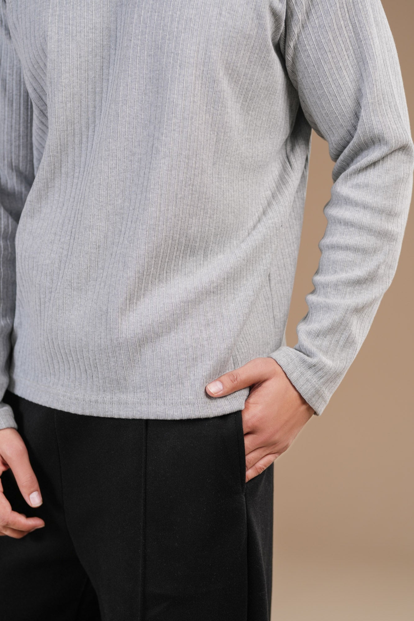 Grey Ribbed Sweat Shirt - Relaxed Fit - Men