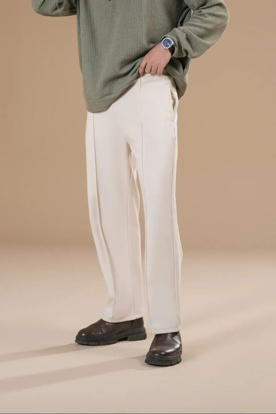 Off White Interlock Straight Fit Trouser with Drawstring - Men - Muraqsh -- Men Western