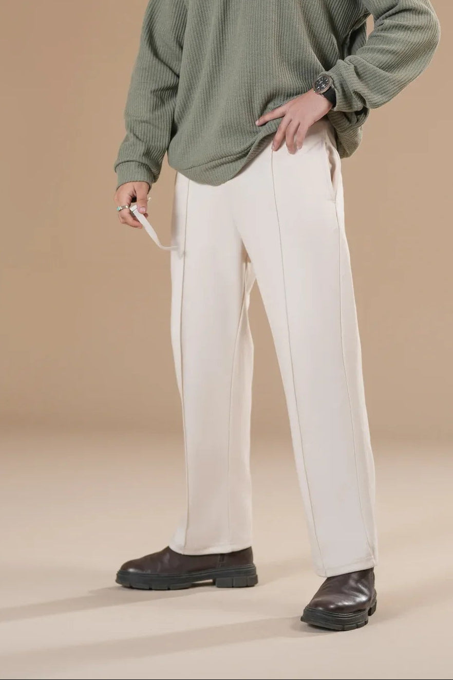 Off White Interlock Straight Fit Trouser with Drawstring - Men - Muraqsh -- Men Western