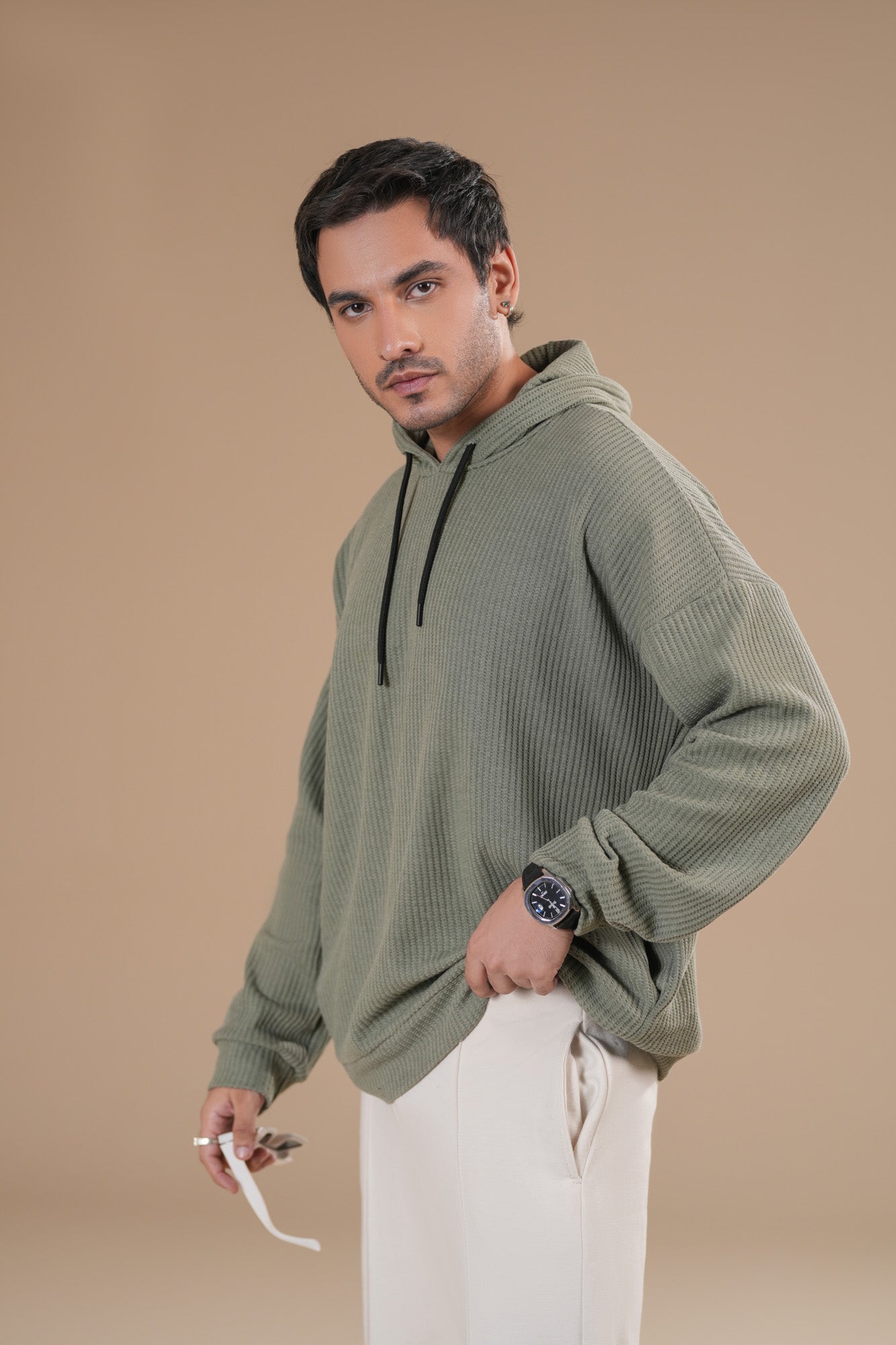 Olive Waffle Pullover Hoodie - Relaxed Fit - Men