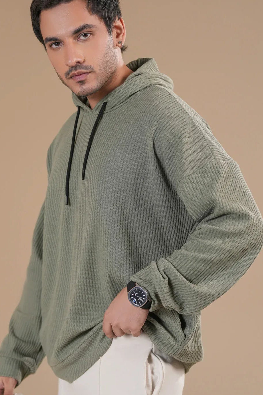 Olive Waffle Pullover Hoodie - Relaxed Fit - Men - Muraqsh -- Men Western