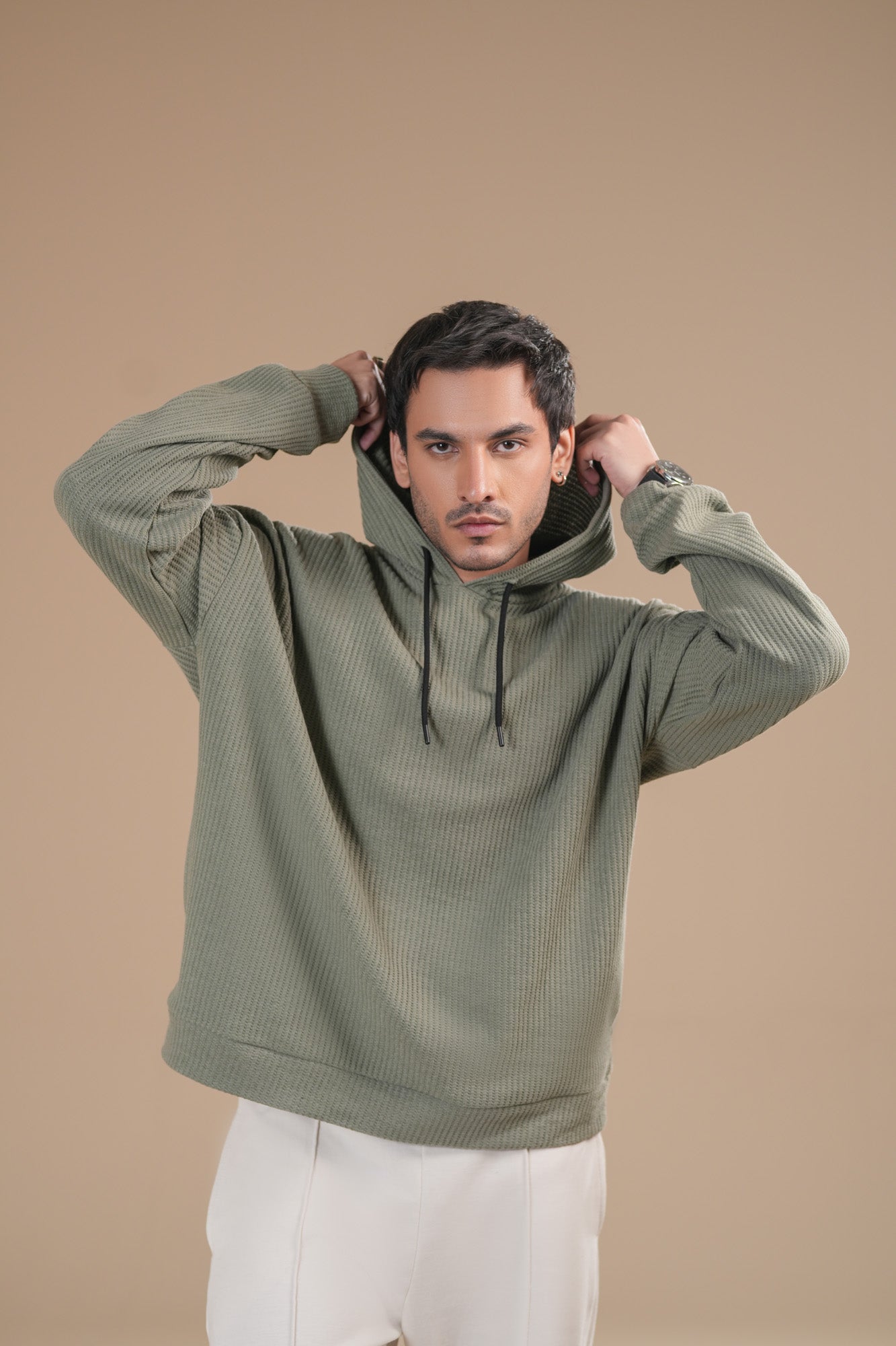 Olive Waffle Pullover Hoodie - Relaxed Fit - Men