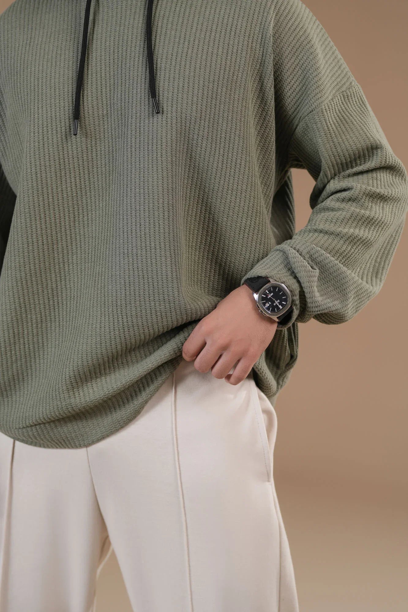 Olive Waffle Pullover Hoodie - Relaxed Fit - Men - Muraqsh -- Men Western