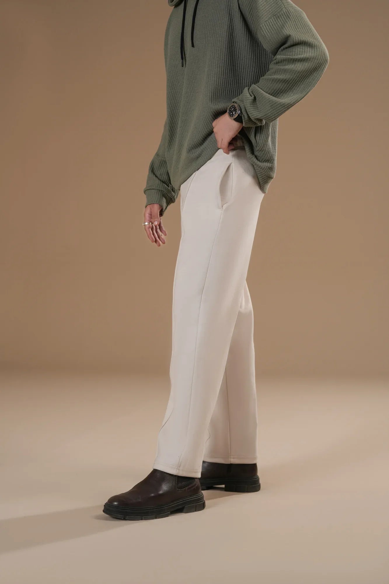 Off White Interlock Straight Fit Trouser with Drawstring - Men - Muraqsh -- Men Western