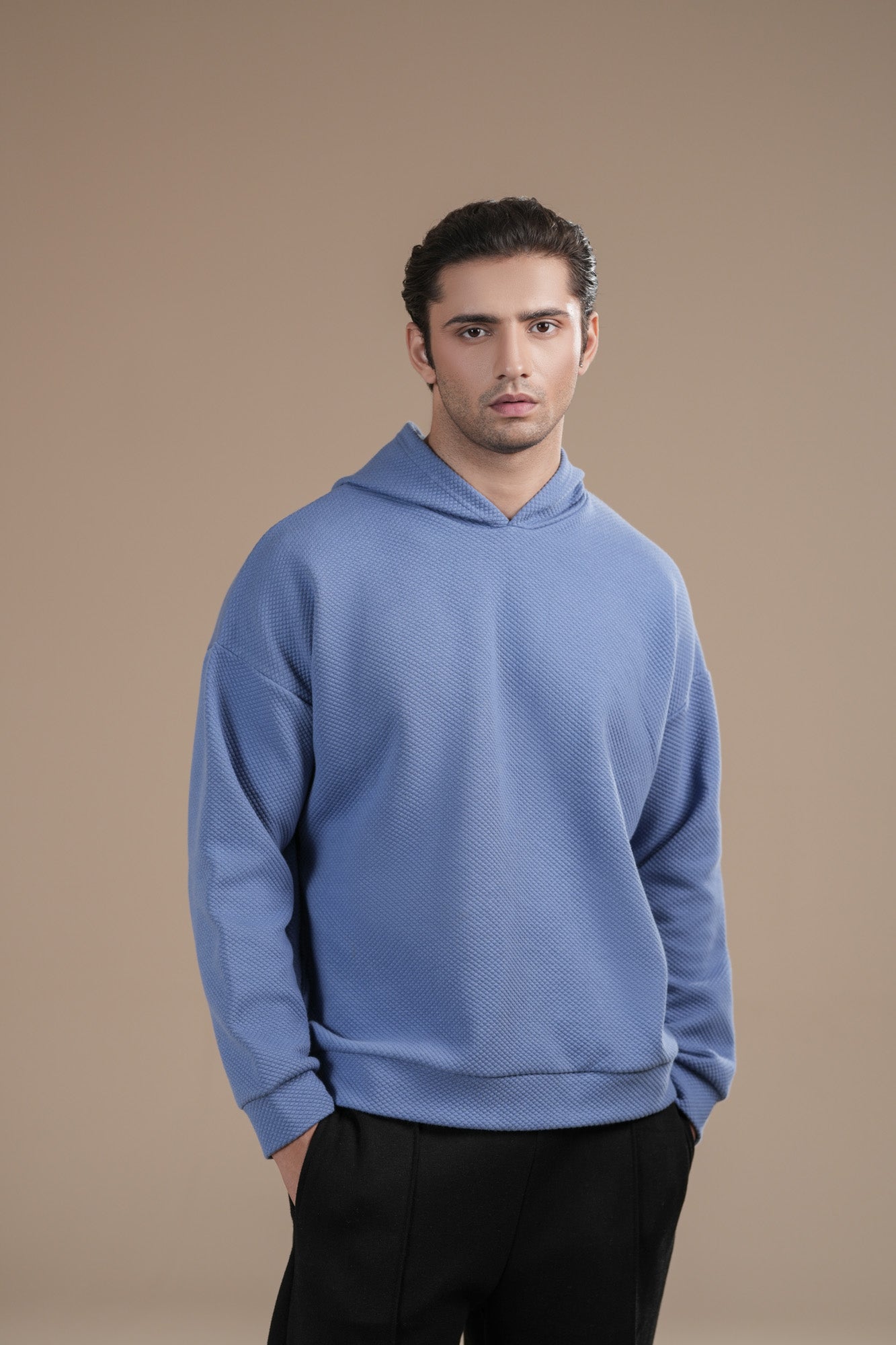 Sky Blue Waffle Pullover Hoodie - Relaxed Fit - Men