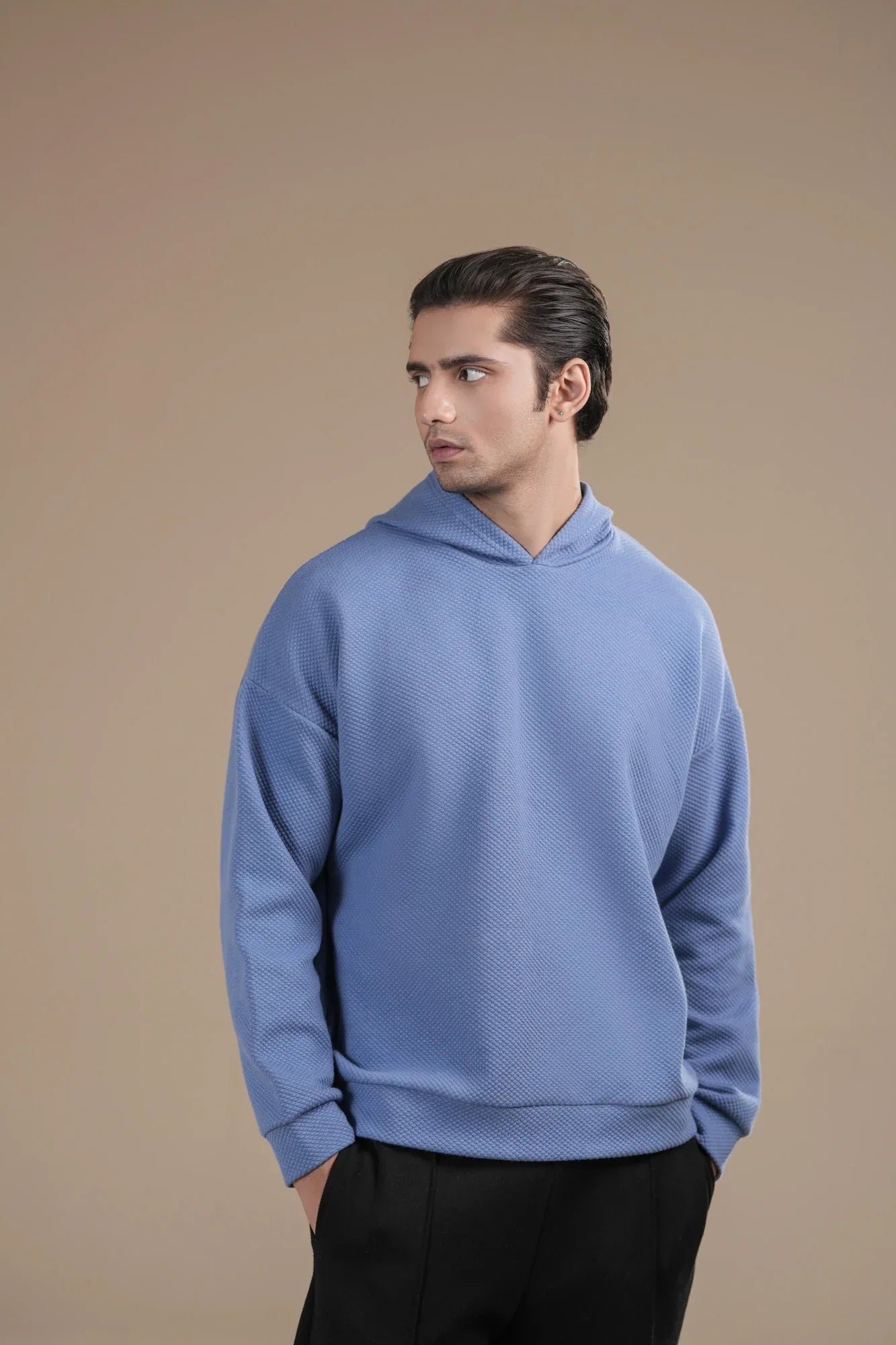 Sky Blue Waffle Pullover Hoodie - Relaxed Fit - Men - Muraqsh -- Men Western