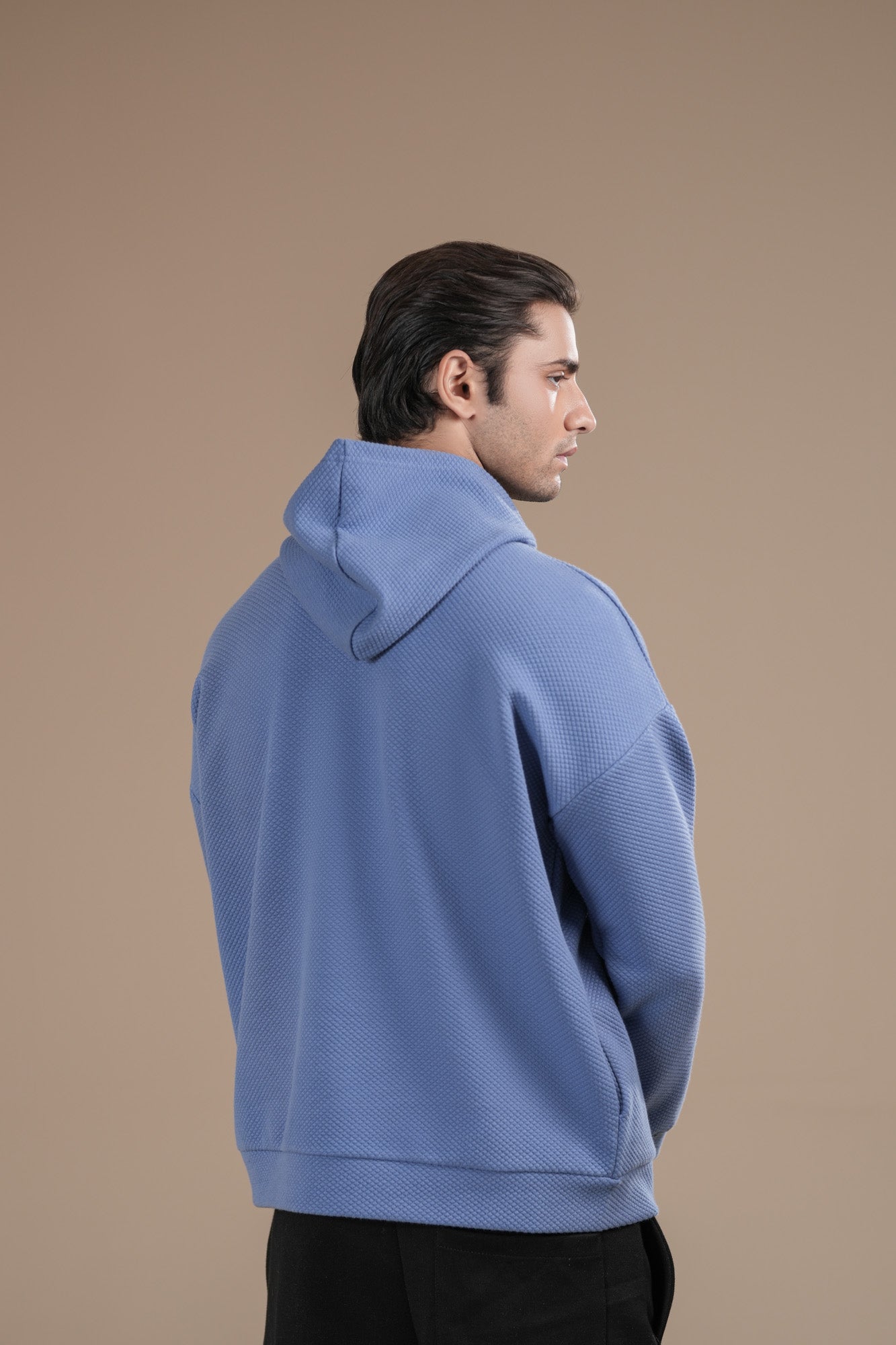 Sky Blue Waffle Pullover Hoodie - Relaxed Fit - Men