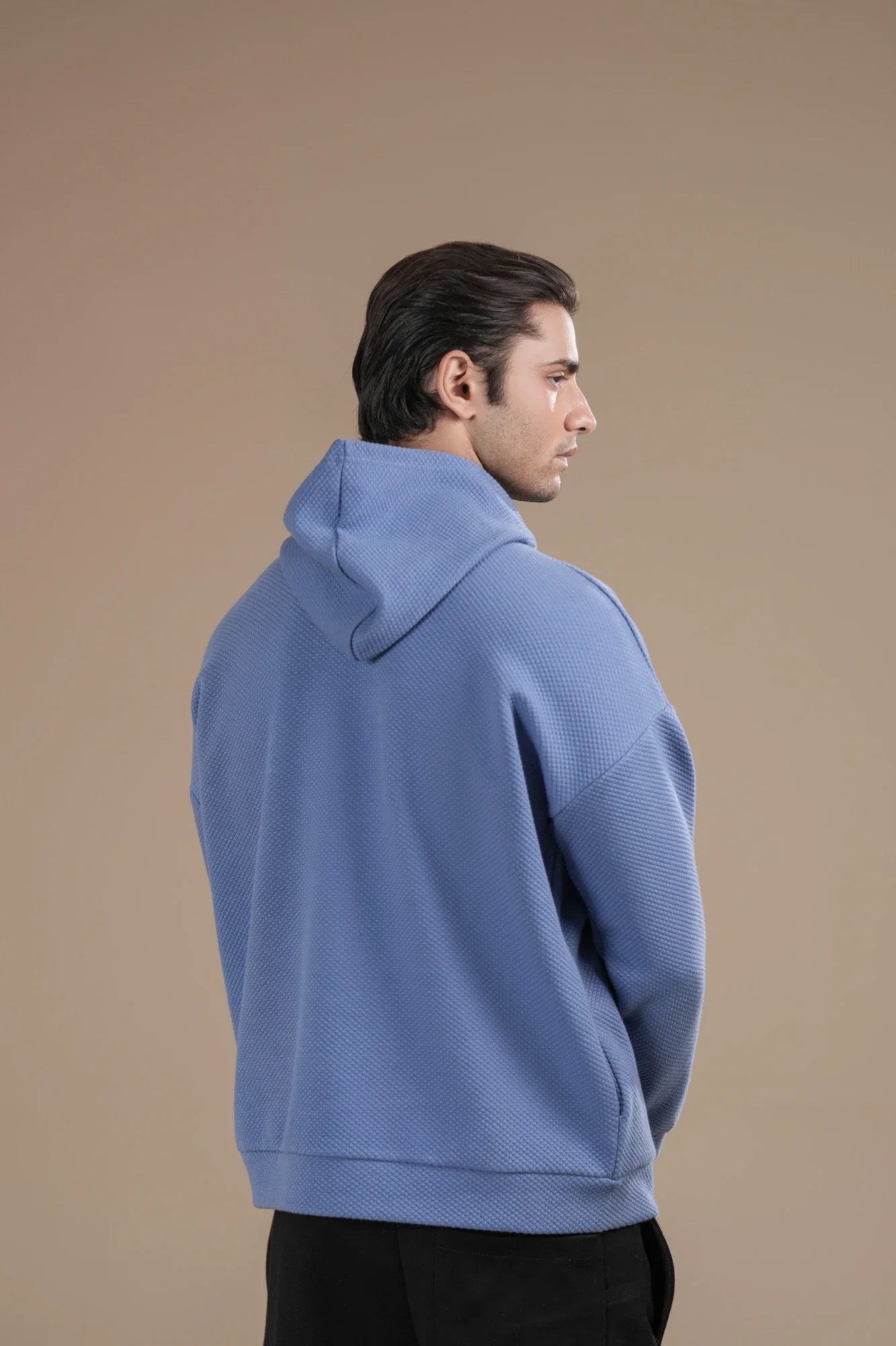 Sky Blue Waffle Pullover Hoodie - Relaxed Fit - Men - Muraqsh -- Men Western
