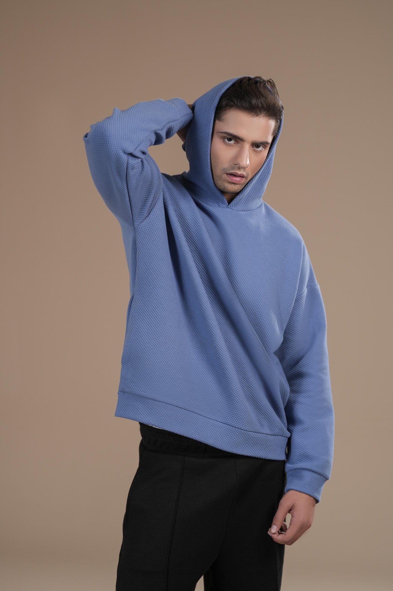 Sky Blue Waffle Pullover Hoodie - Relaxed Fit - Men