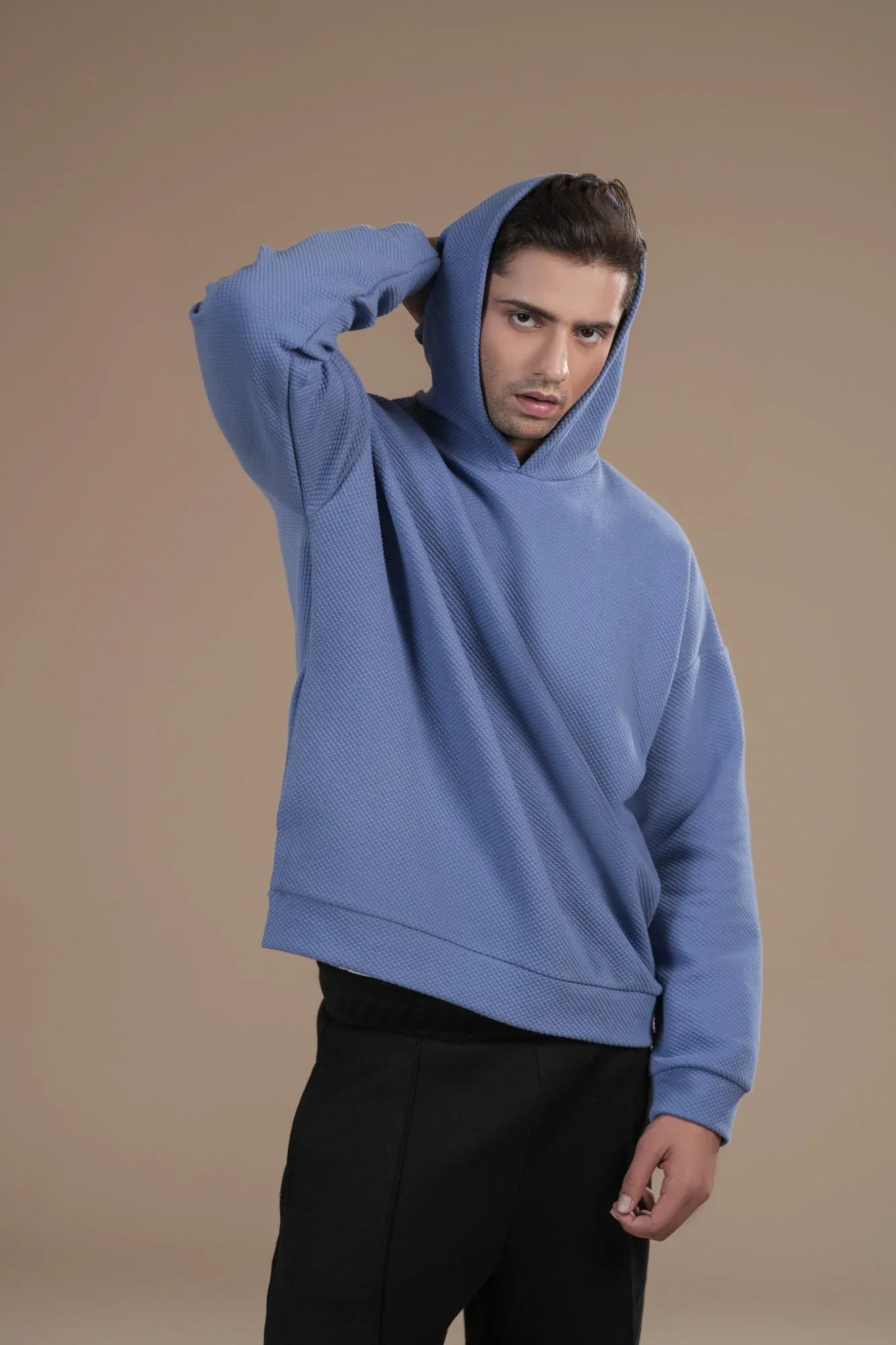 Sky Blue Waffle Pullover Hoodie - Relaxed Fit - Men - Muraqsh -- Men Western