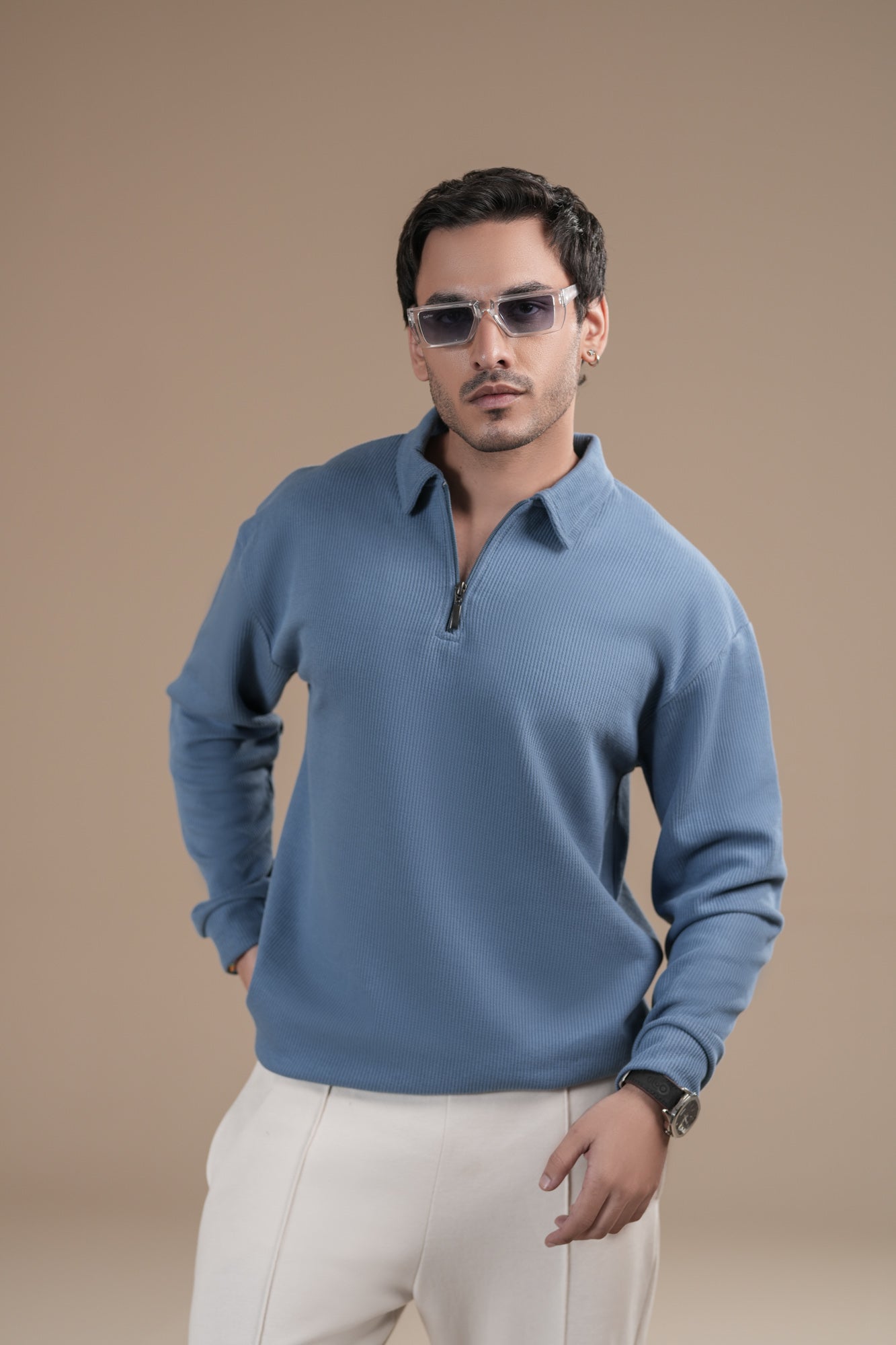 Sky Blue Waffle Zipper Polo - Full Sleeves - Men