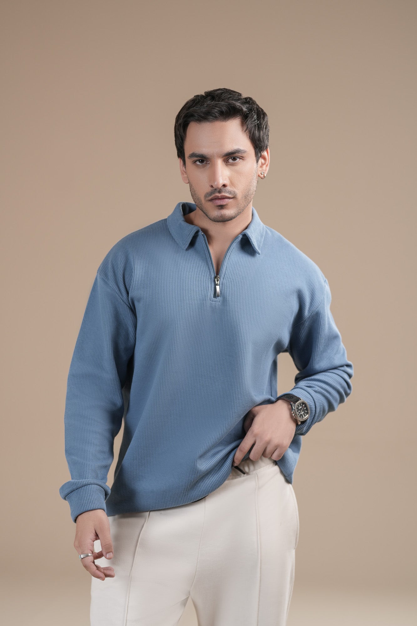 Sky Blue Waffle Zipper Polo - Full Sleeves - Men