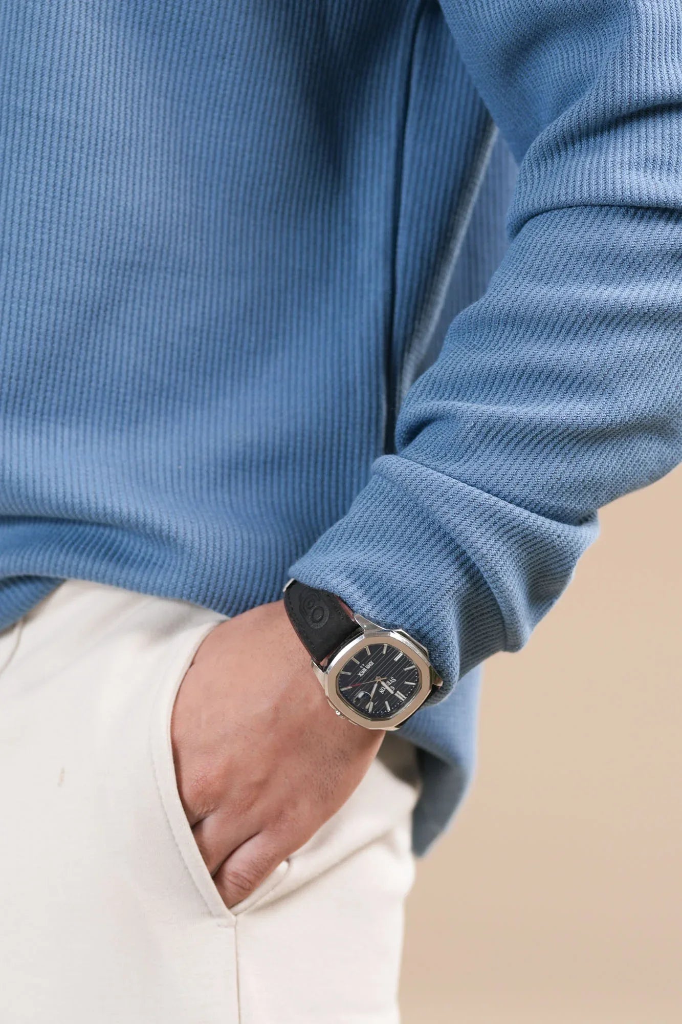 Sky Blue Waffle Zipper Polo - Full Sleeves - Men - Muraqsh -- Men Western