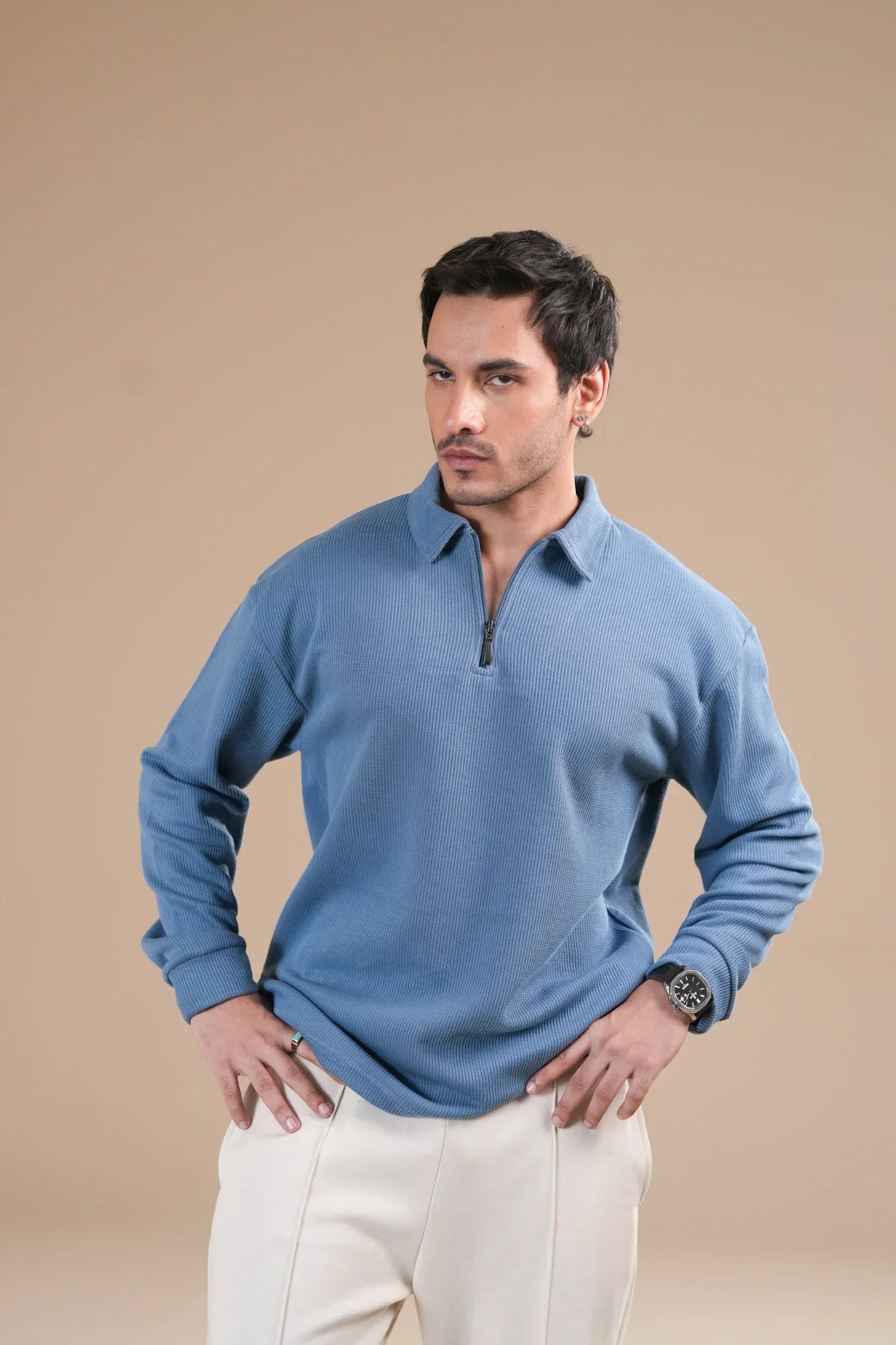 Sky Blue Waffle Zipper Polo - Full Sleeves - Men - Muraqsh -- Men Western