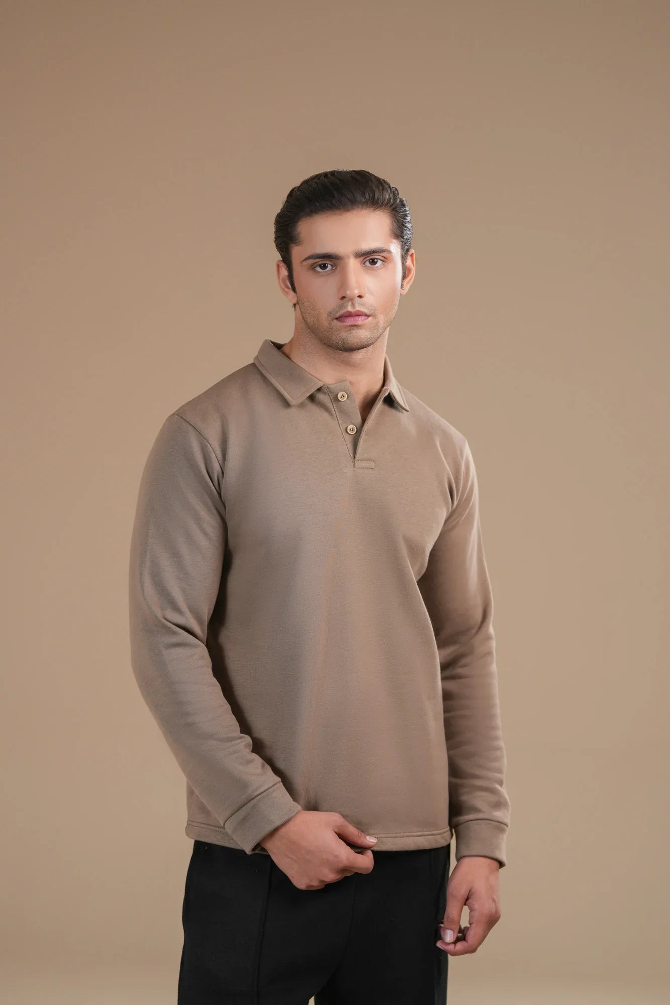 Beige Fleece Polo - Full Sleeves - Men - Muraqsh -- Men Western