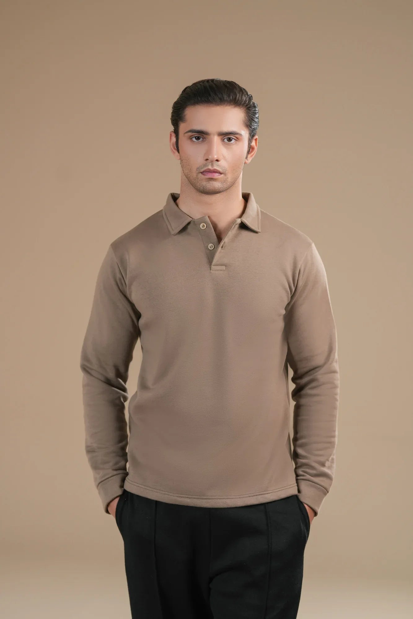 Beige Fleece Polo - Full Sleeves - Men - Muraqsh -- Men Western
