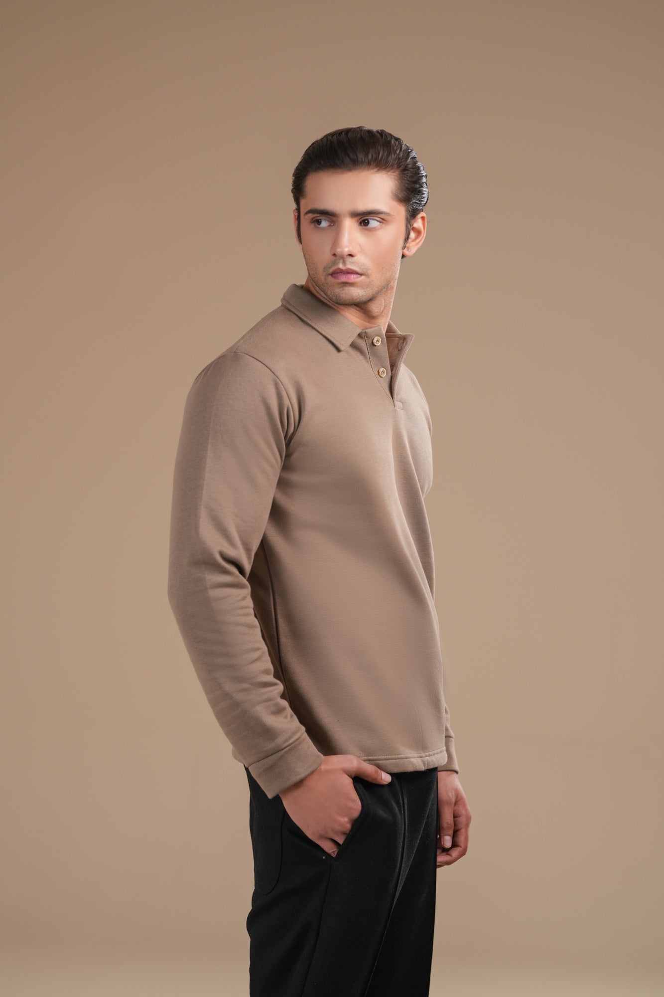 Beige Fleece Polo - Full Sleeves - Men