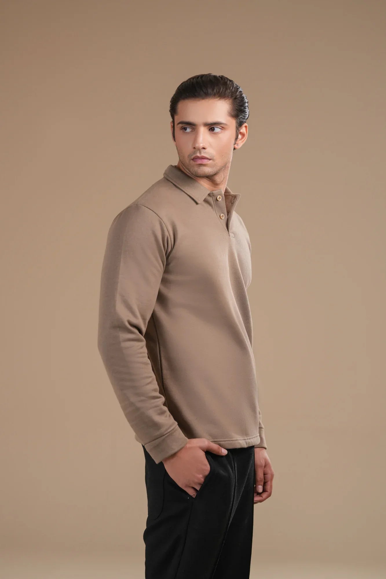 Beige Fleece Polo - Full Sleeves - Men - Muraqsh -- Men Western