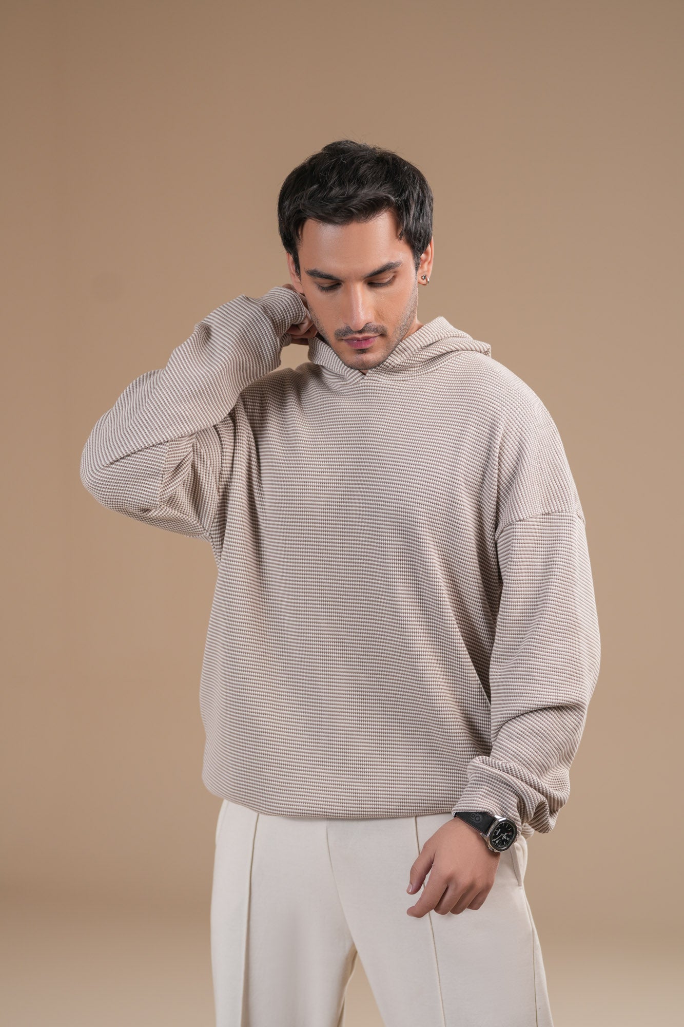 Beige White Waffle Pullover Hoodie - Relaxed Fit - Men