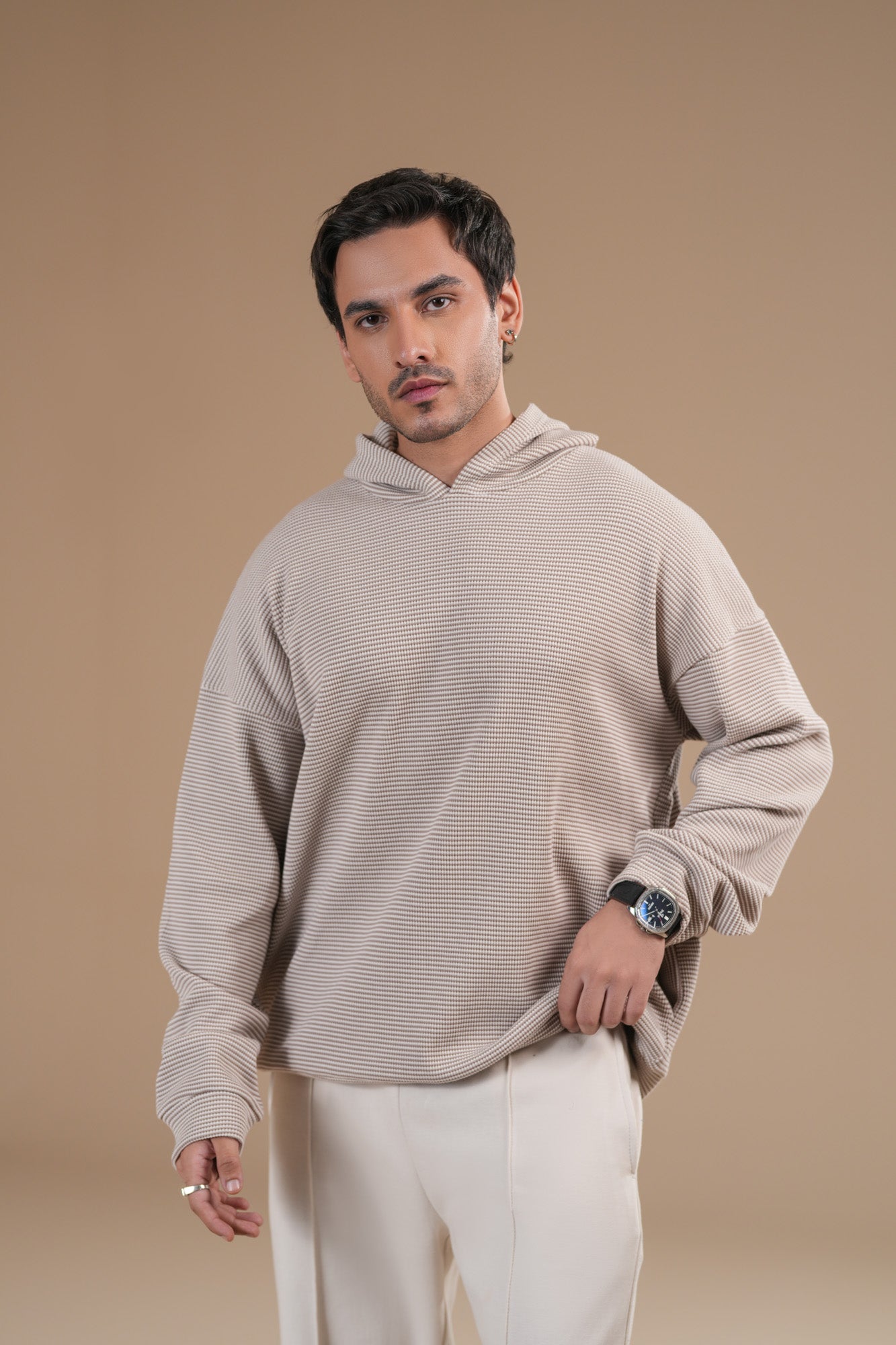 Beige White Waffle Pullover Hoodie - Relaxed Fit - Men