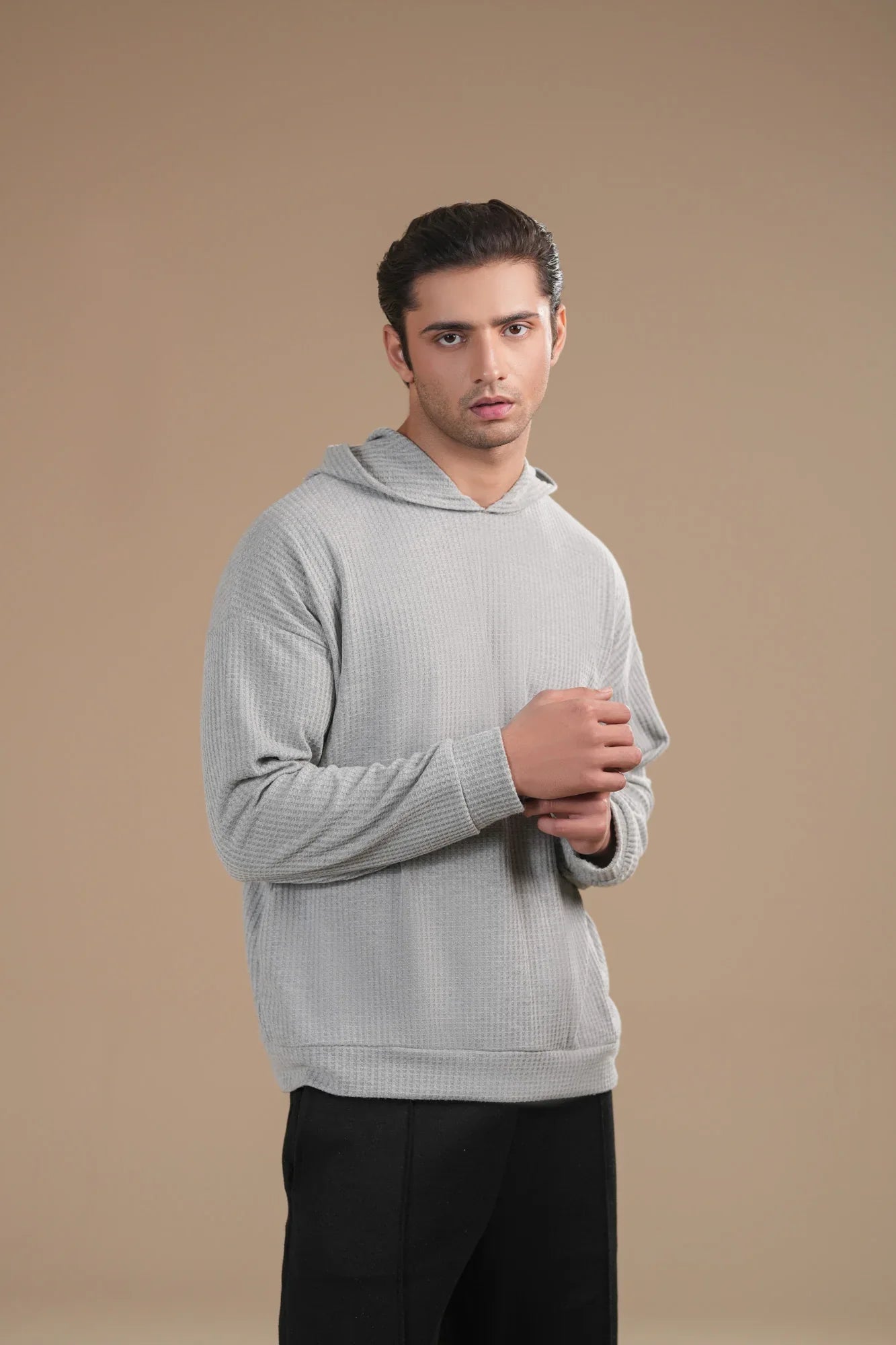 Grey Waffle Pullover Hoodie - Relaxed Fit - Men - Muraqsh -- Men Western
