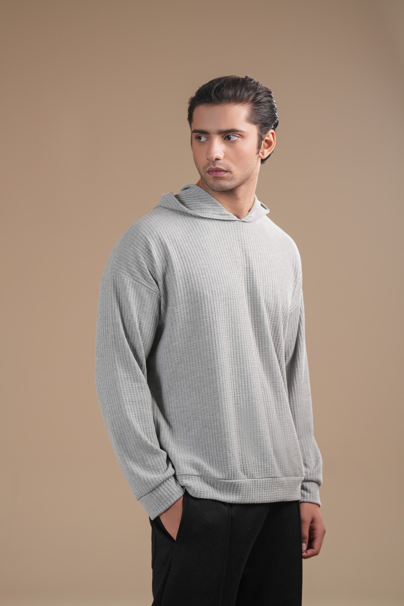 Grey Waffle Pullover Hoodie - Relaxed Fit - Men